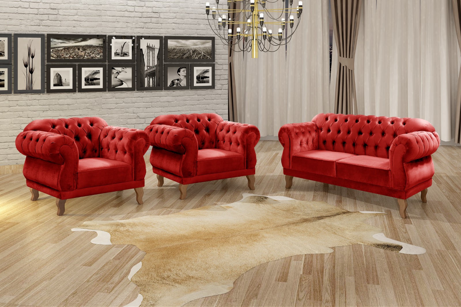Sofá Chesterfield Capitonê 2 Lugares E 2 Poltronas Duquesa Para Sala Recepção - Suede Vermelho