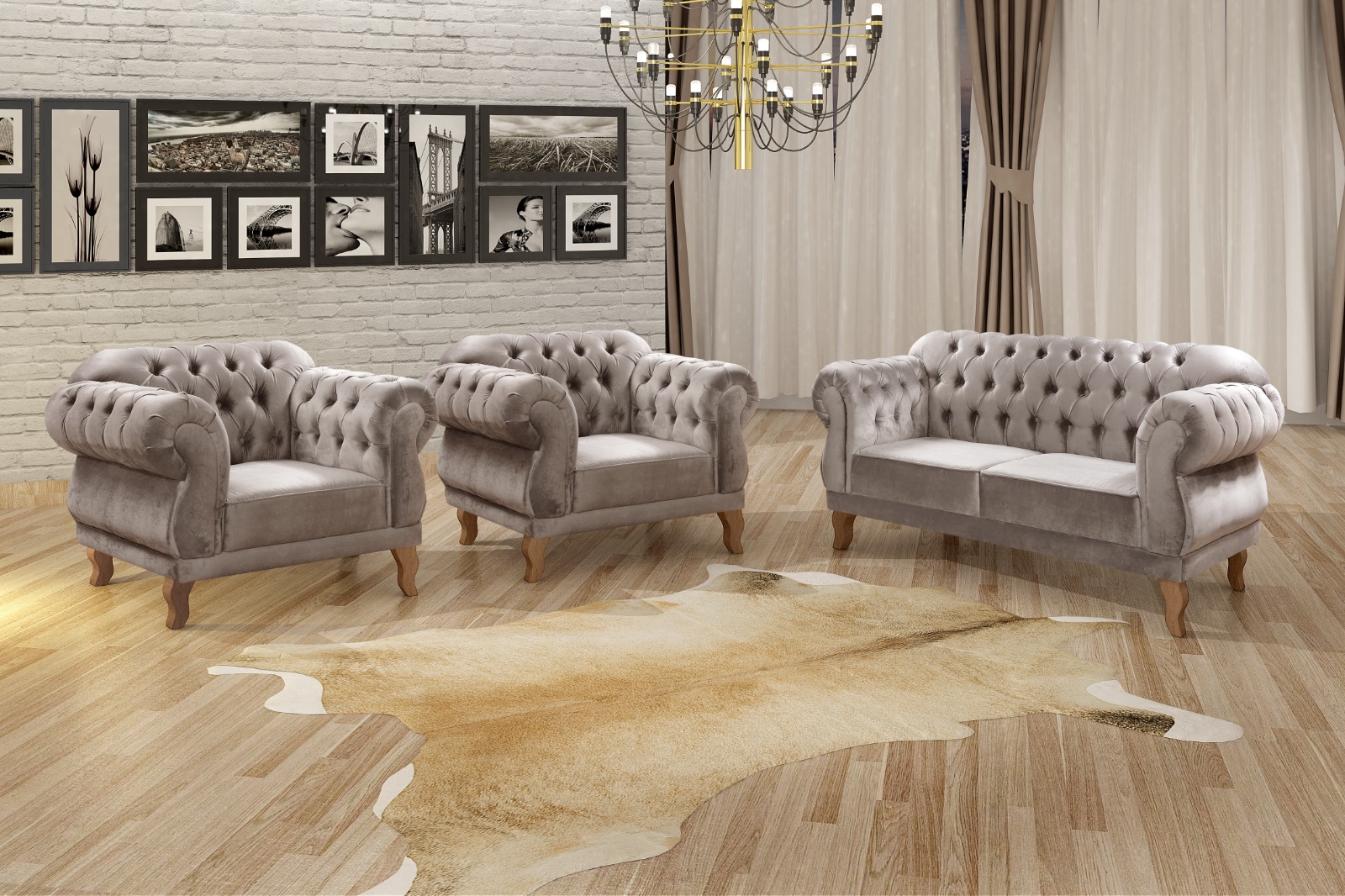 Sofá Chesterfield Capitonê 2 Lugares E 2 Poltronas Duquesa Para Sala Recepção - Veludo Capuccino