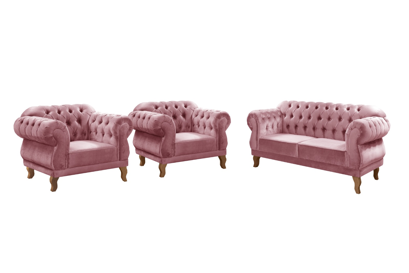 Sofá Chesterfield Capitonê 2 Lugares E 2 Poltronas Duquesa Para Sala Recepção - Veludo Rosê