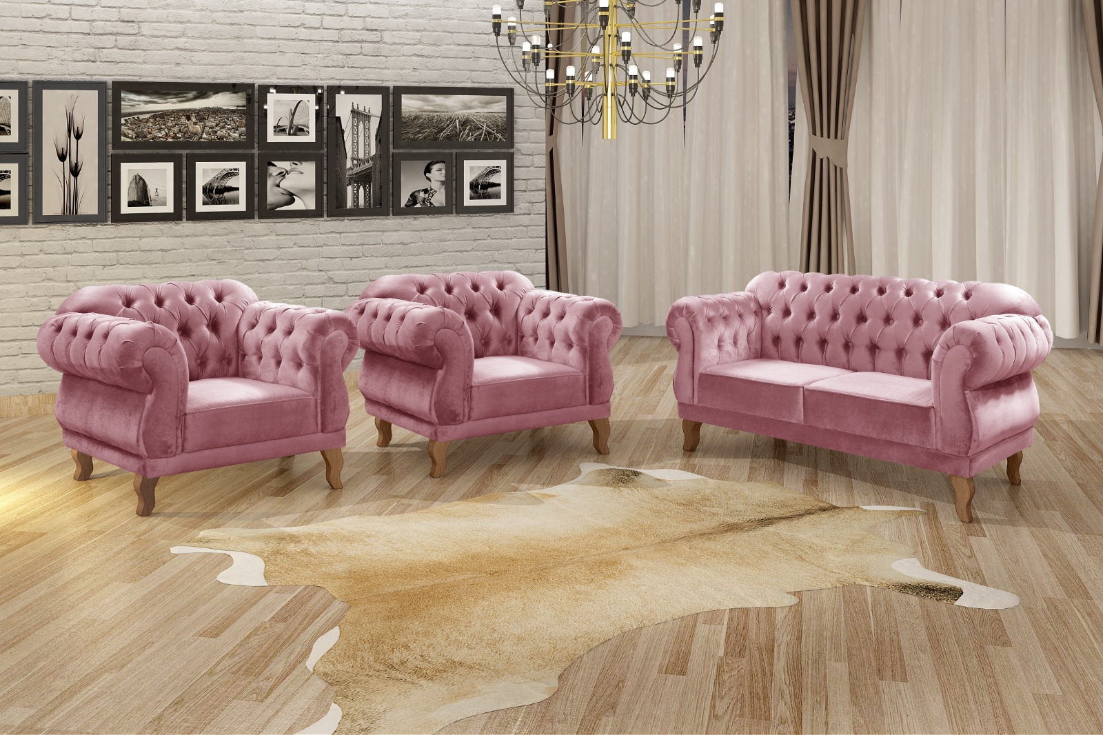 Sofá Chesterfield Capitonê 2 Lugares E 2 Poltronas Duquesa Para Sala Recepção - Veludo Rosê