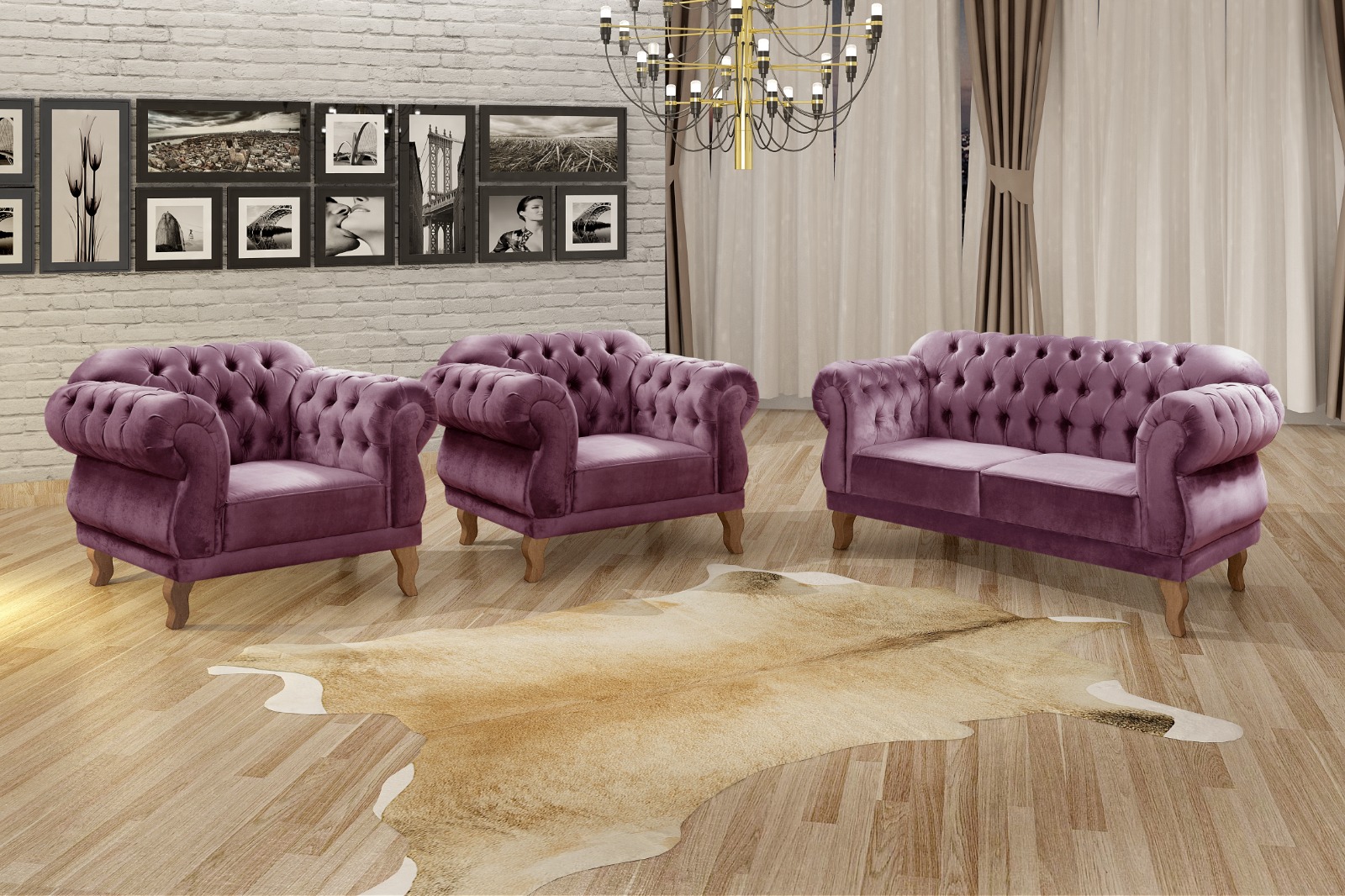 Sofá Chesterfield Capitonê 2 Lugares E 2 Poltronas Duquesa Para Sala Recepção - Veludo Roxo