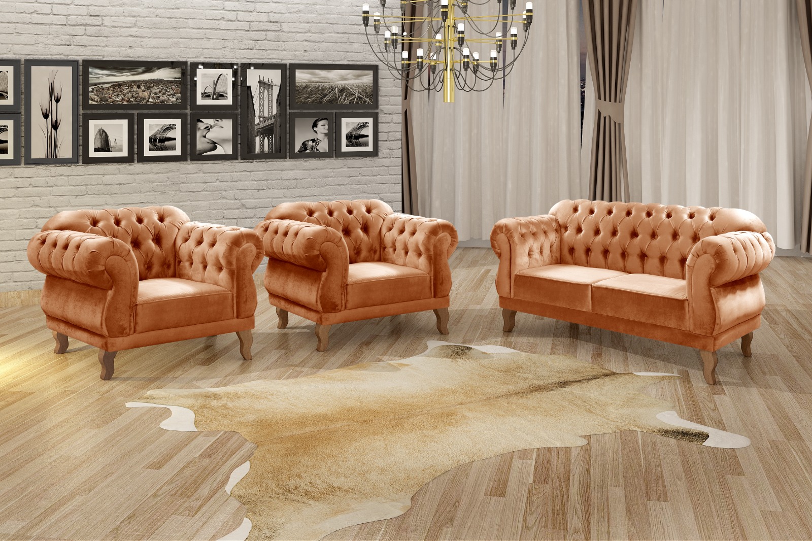 Sofá Chesterfield Capitonê 2 Lugares E 2 Poltronas Duquesa Para Sala Recepção - Veludo Terracota