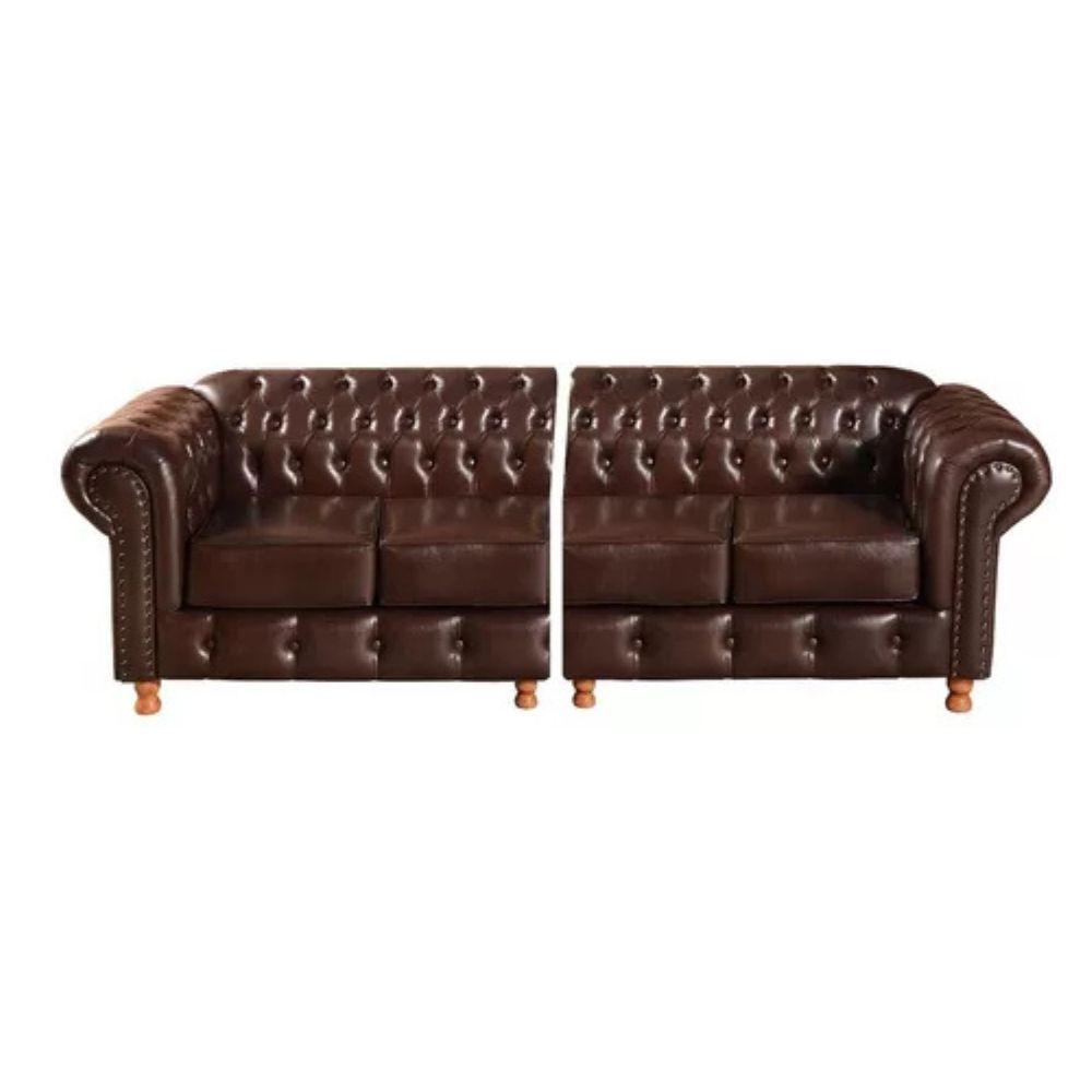 Sofá Chesterfield Luís XV 4 Lugares Vintage Retrô Capitonê Couro Marrom