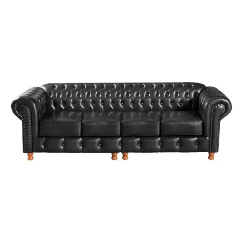 Sofá Chesterfield Luís XV 4 Lugares Vintage Retrô Capitonê Couro Preto