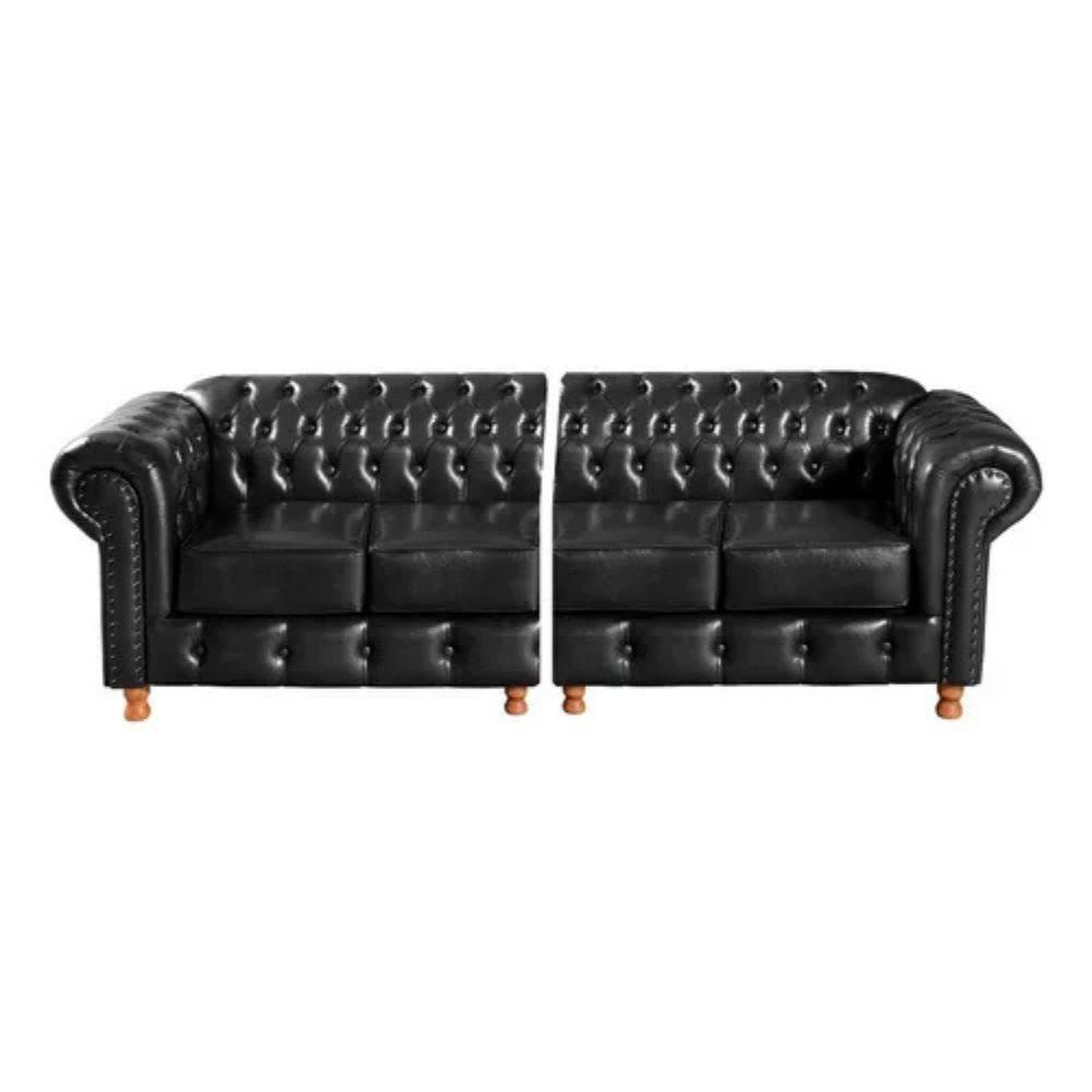 Sofá Chesterfield Luís XV 4 Lugares Vintage Retrô Capitonê Couro Preto