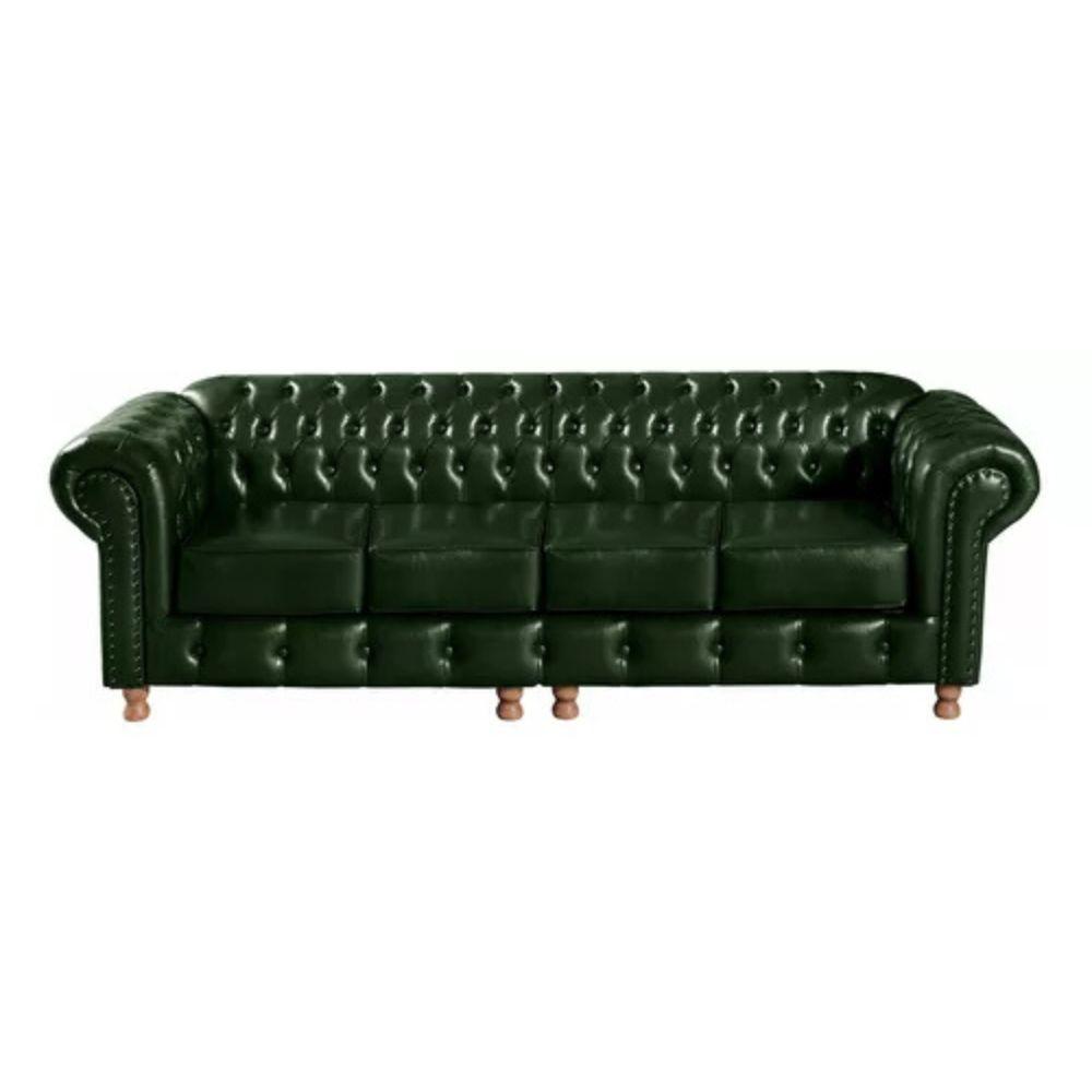 Sofá Chesterfield Luís XV 4 Lugares Vintage Retrô Capitonê Couro Verde