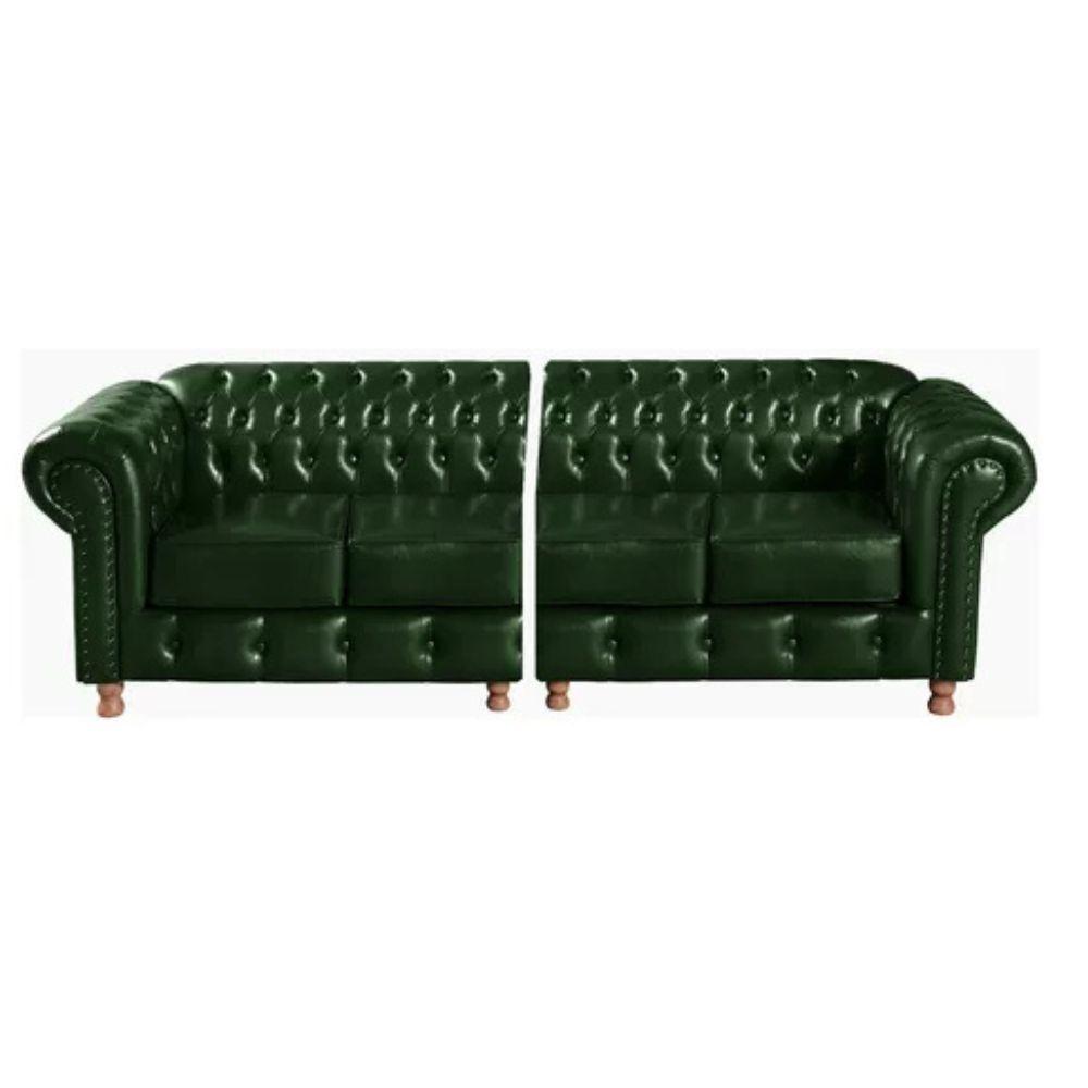 Sofá Chesterfield Luís XV 4 Lugares Vintage Retrô Capitonê Couro Verde