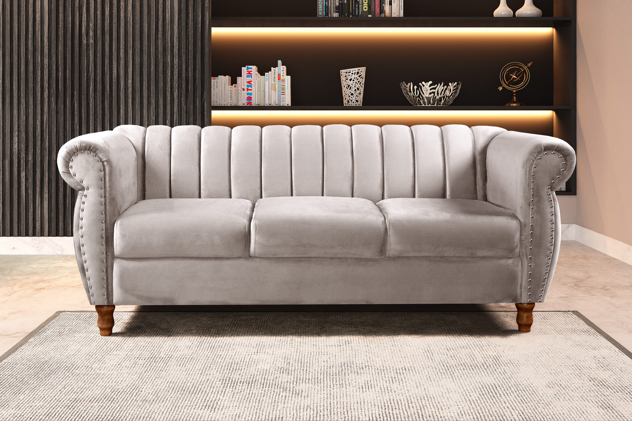 Sofá Chesterfield Realeza 3 Lugares Decoração Retrô - Suede Bege Claro