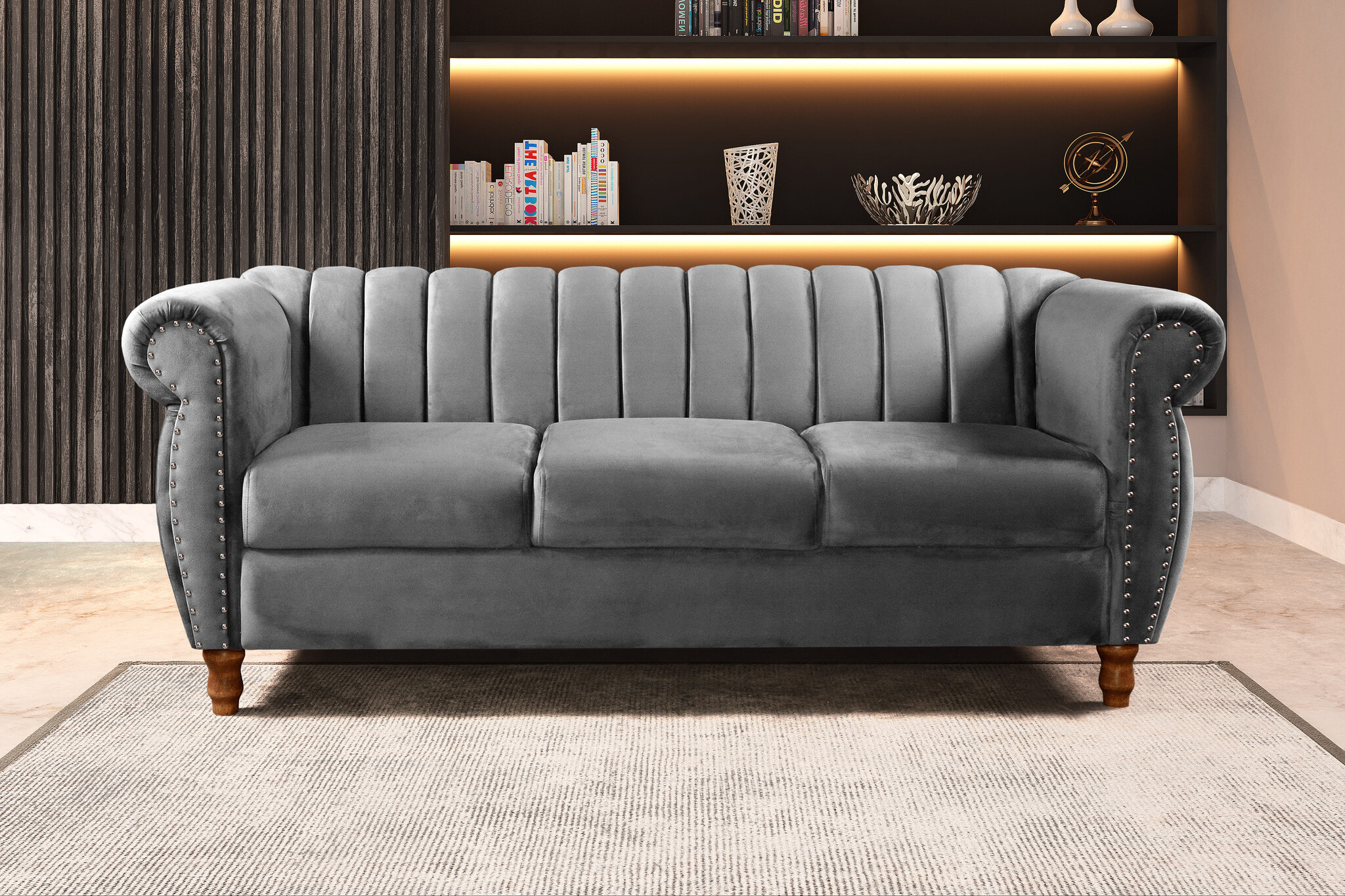 Sofá Chesterfield Realeza 3 Lugares Decoração Retrô - Suede Cinza