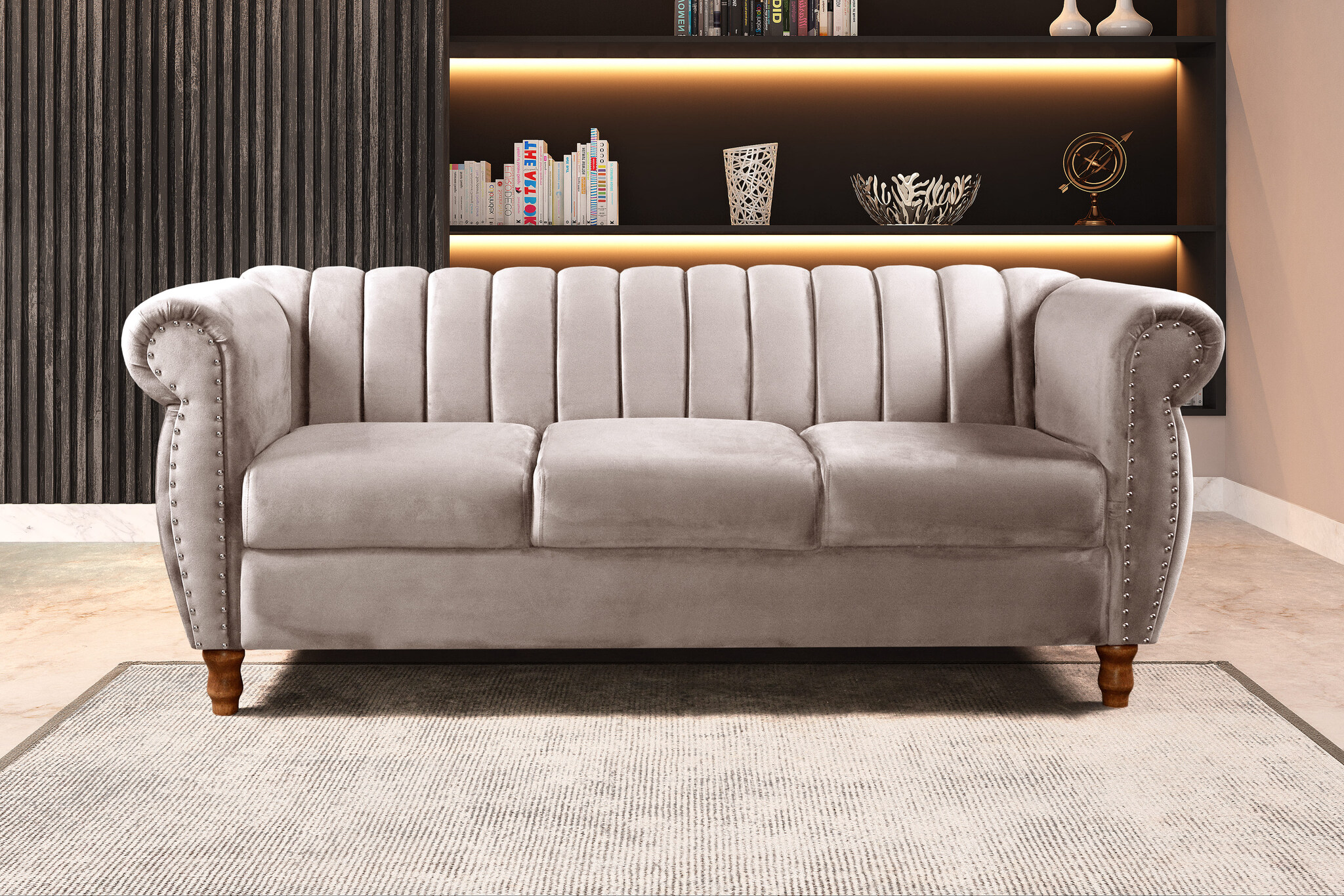 Sofá Chesterfield Realeza 3 Lugares Decoração Retrô - Veludo Capuccino