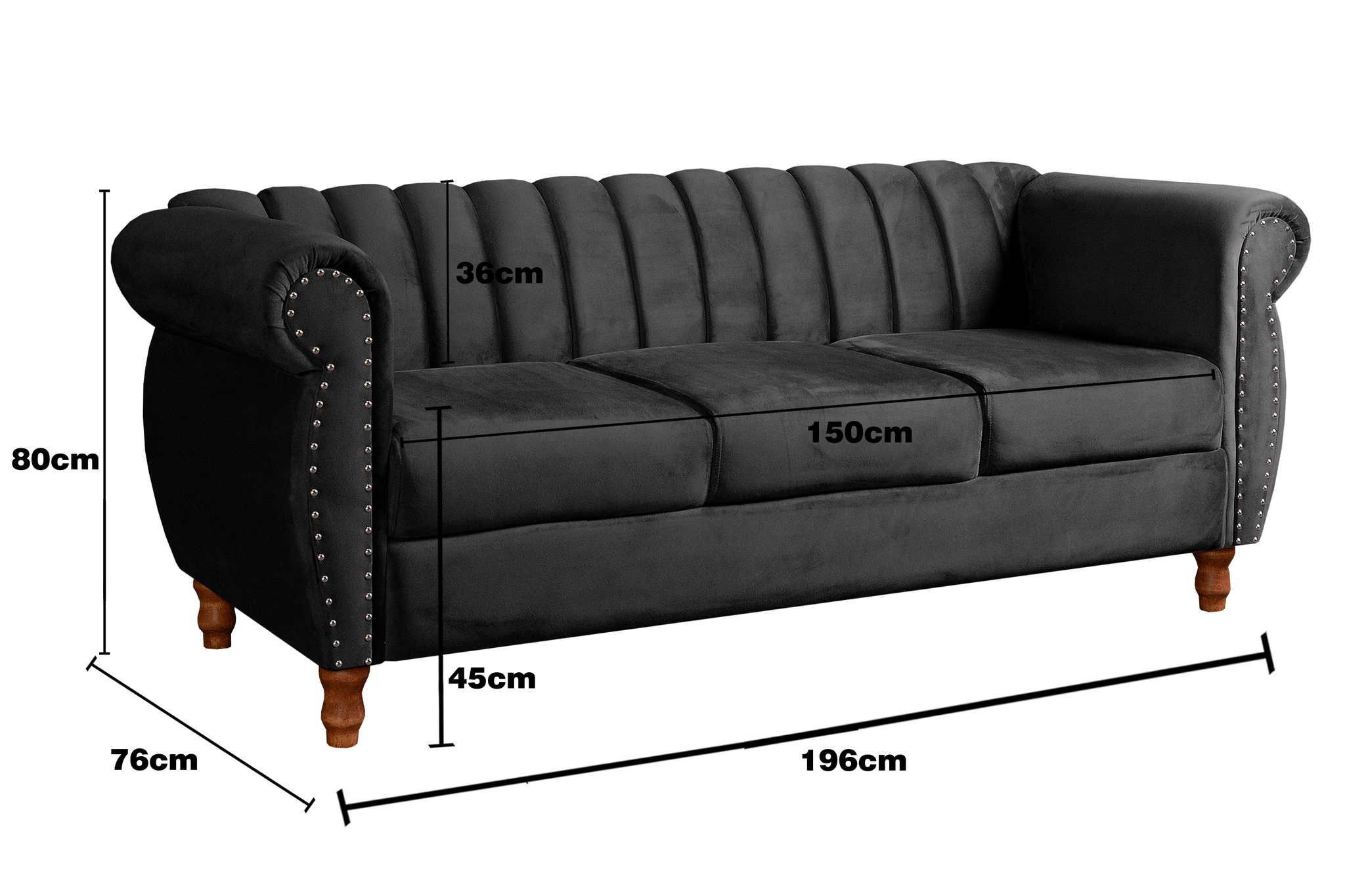 Sofá Chesterfield Realeza 3 Lugares Decoração Retrô - Veludo Preto