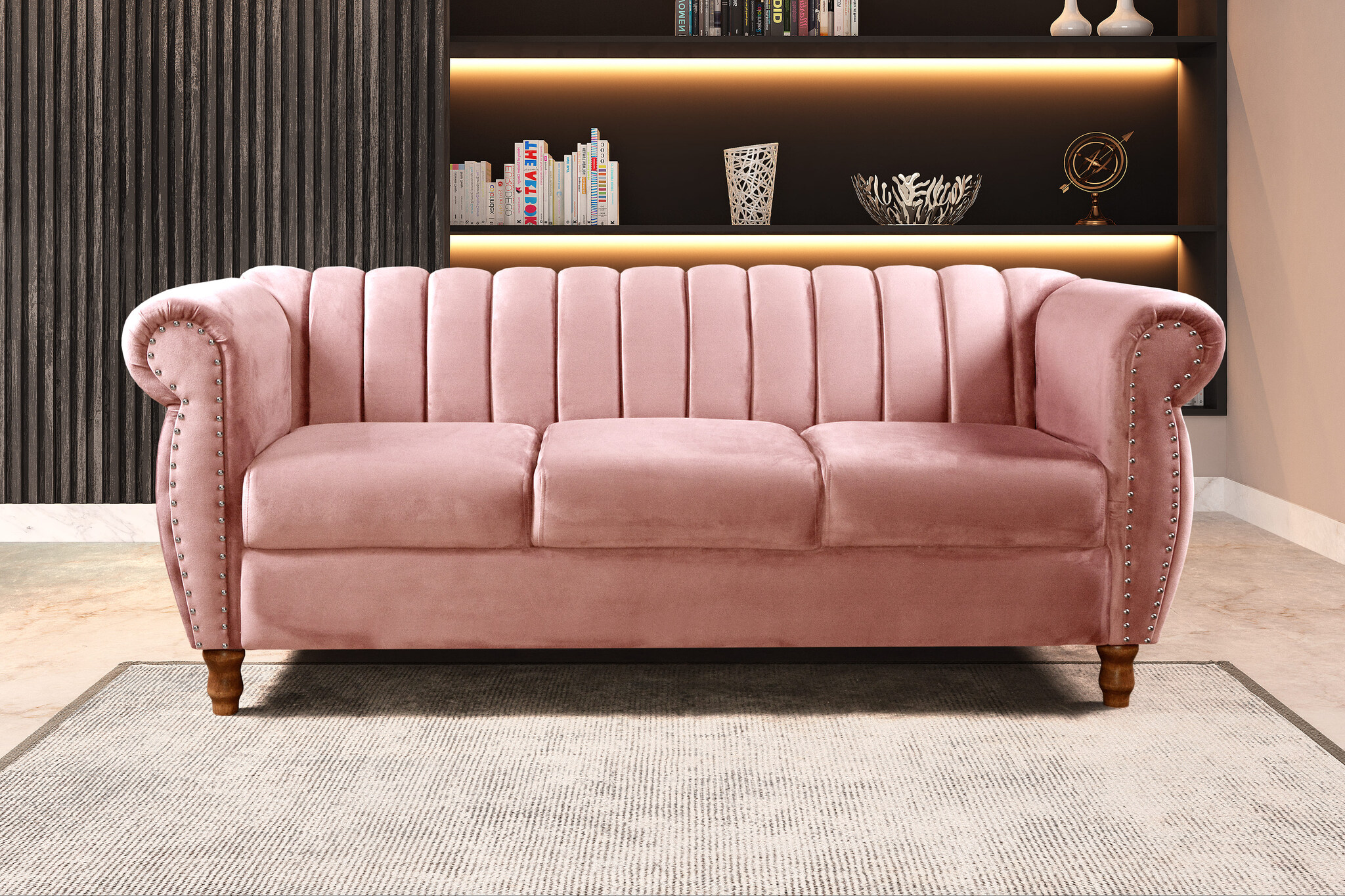 Sofá Chesterfield Realeza 3 Lugares Decoração Retrô - Veludo Rosê
