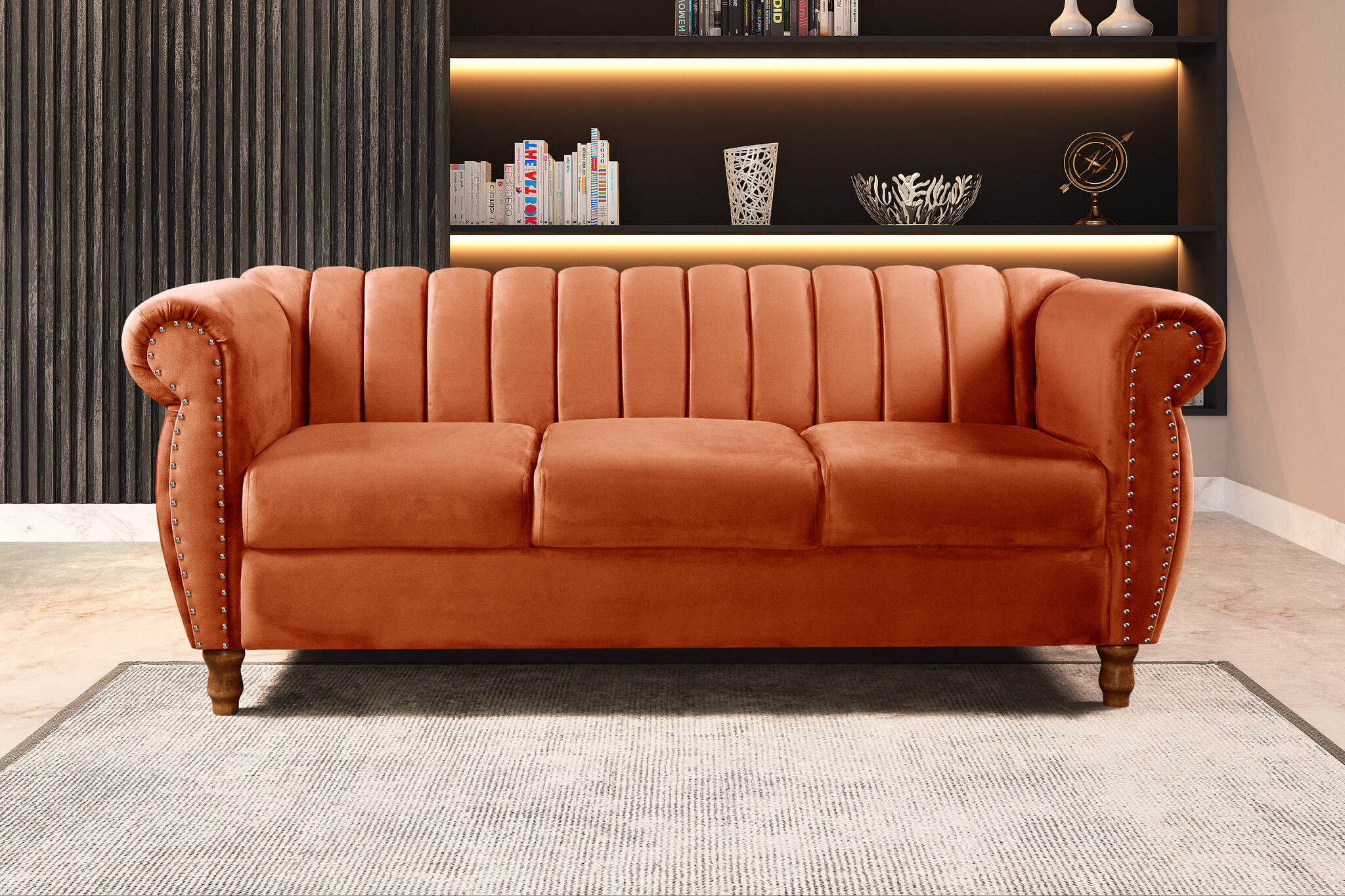 Sofá Chesterfield Realeza 3 Lugares Decoração Retrô - Veludo Terracota