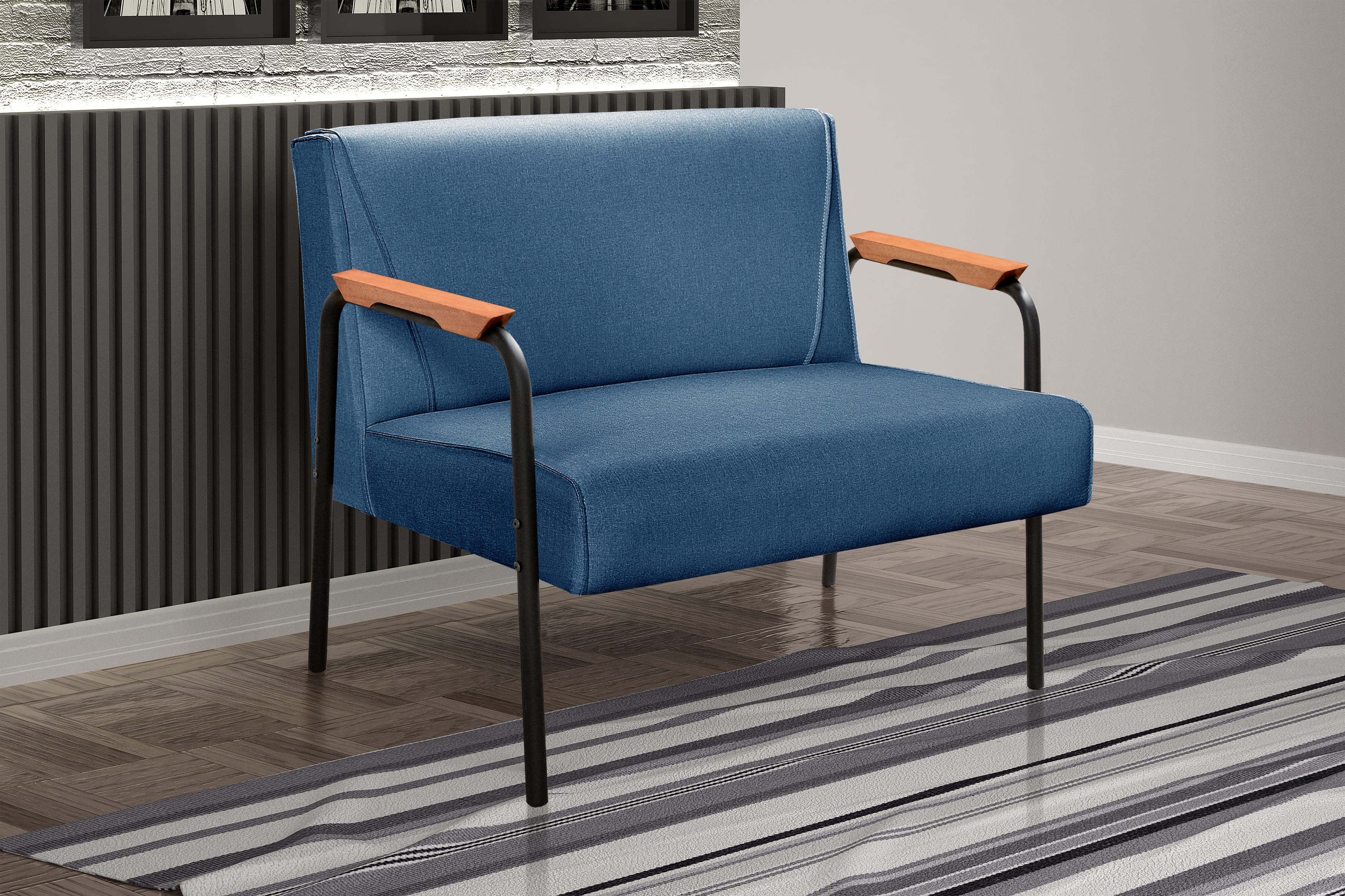 Sofá Namoradeira 2 Lugares Jade Com Apoio De Braço Madeira/metal - Linho Azul
