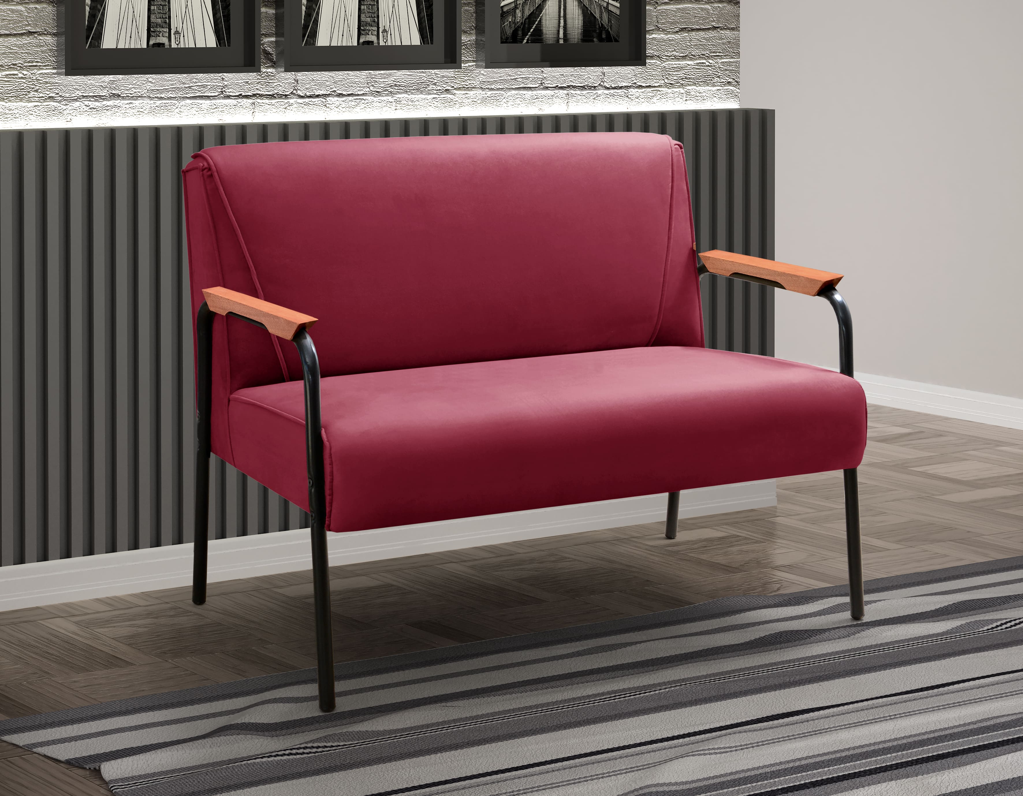 Sofá Namoradeira 2 Lugares Jade Com Apoio De Braço Madeira/metal - Suede Bordô