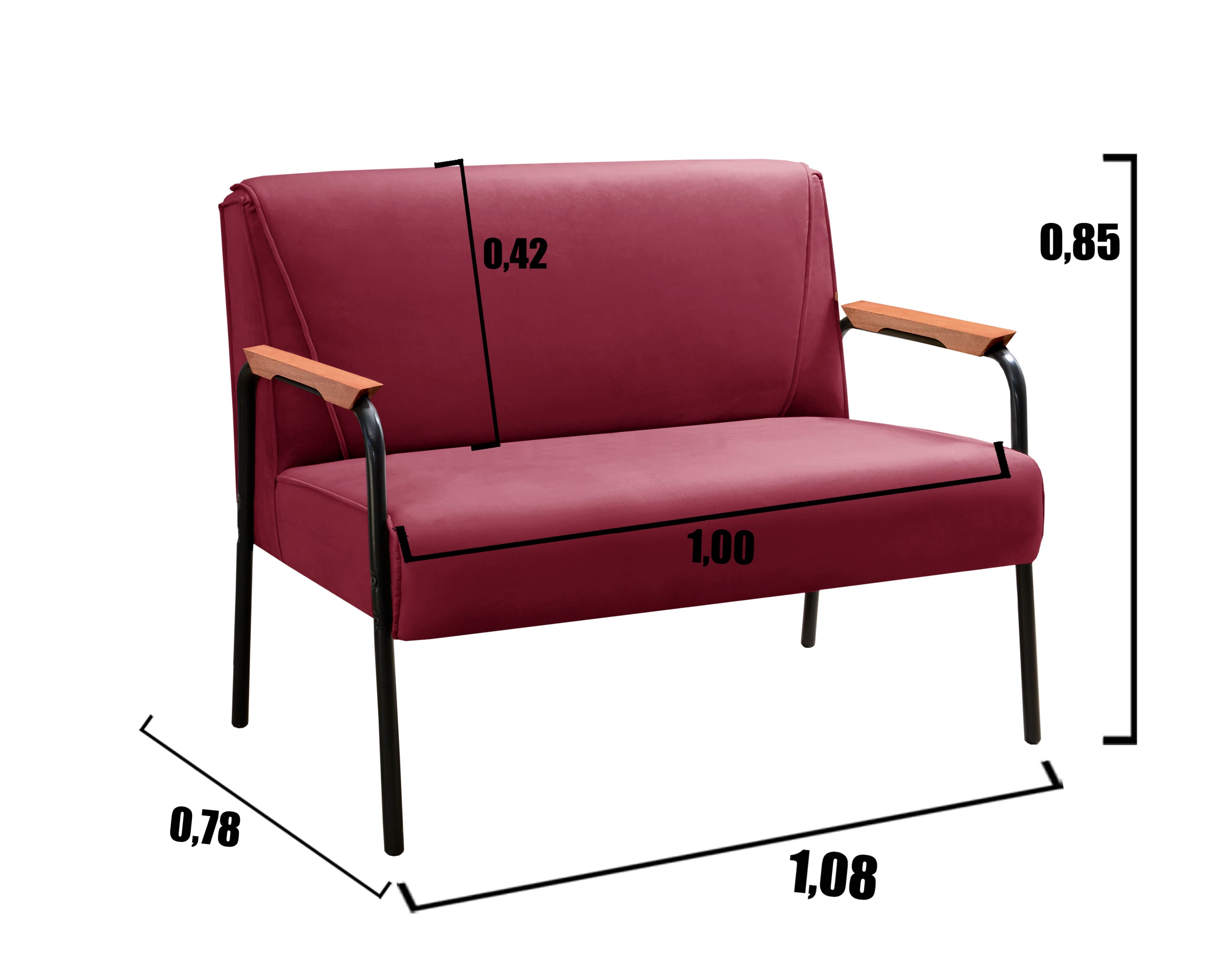 Sofá Namoradeira 2 Lugares Jade Com Apoio De Braço Madeira/metal - Suede Bordô