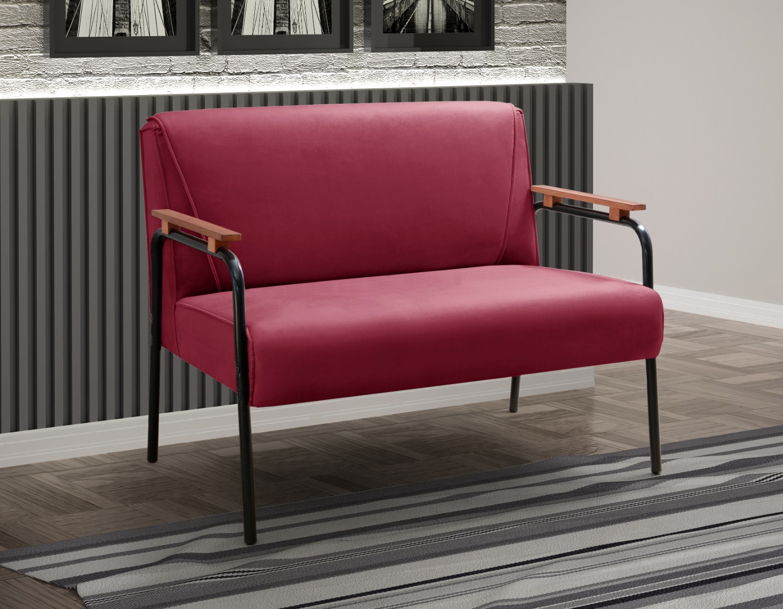 Sofá Namoradeira 2 Lugares Jade Com Apoio De Braço Madeira/metal - Suede Bordô
