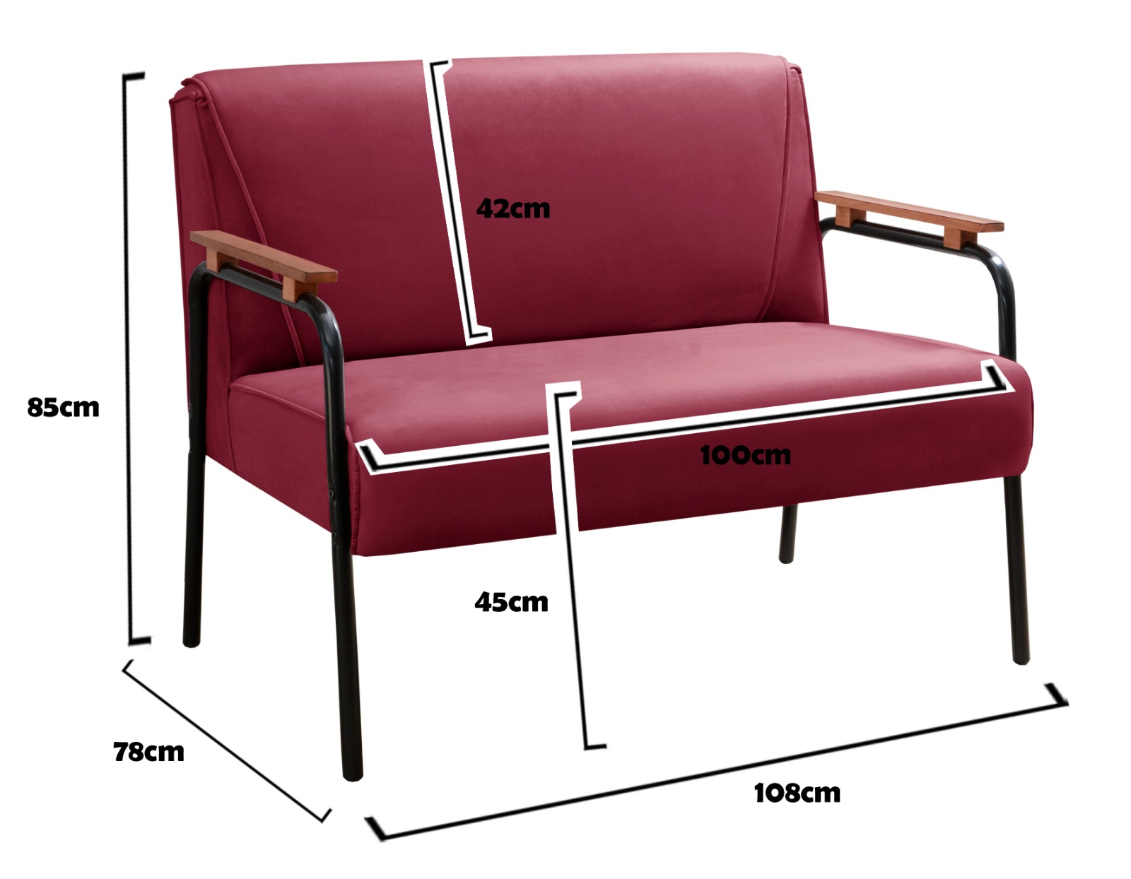Sofá Namoradeira 2 Lugares Jade Com Apoio De Braço Madeira/metal - Suede Bordô