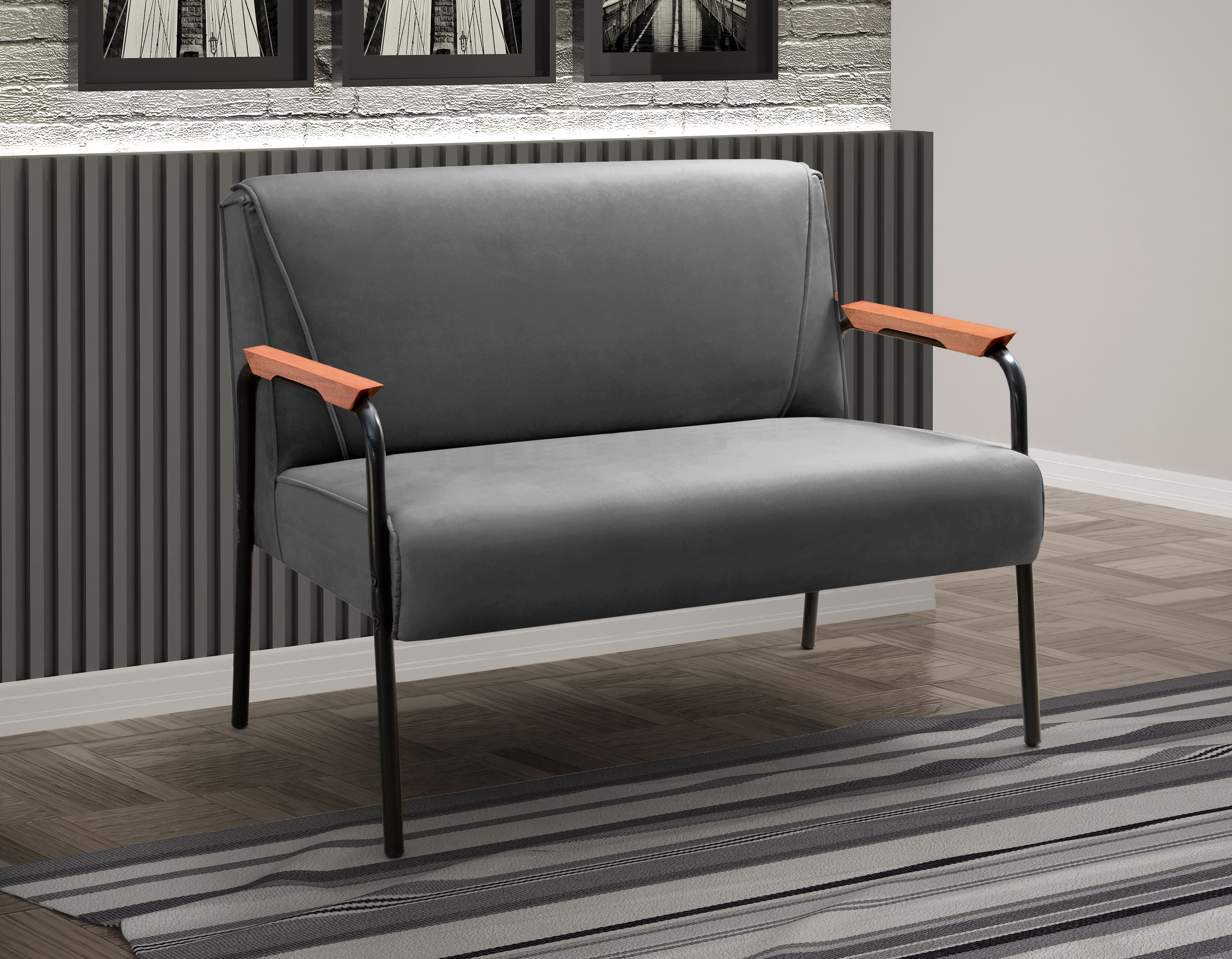 Sofá Namoradeira 2 Lugares Jade Com Apoio De Braço Madeira/metal - Suede Cinza