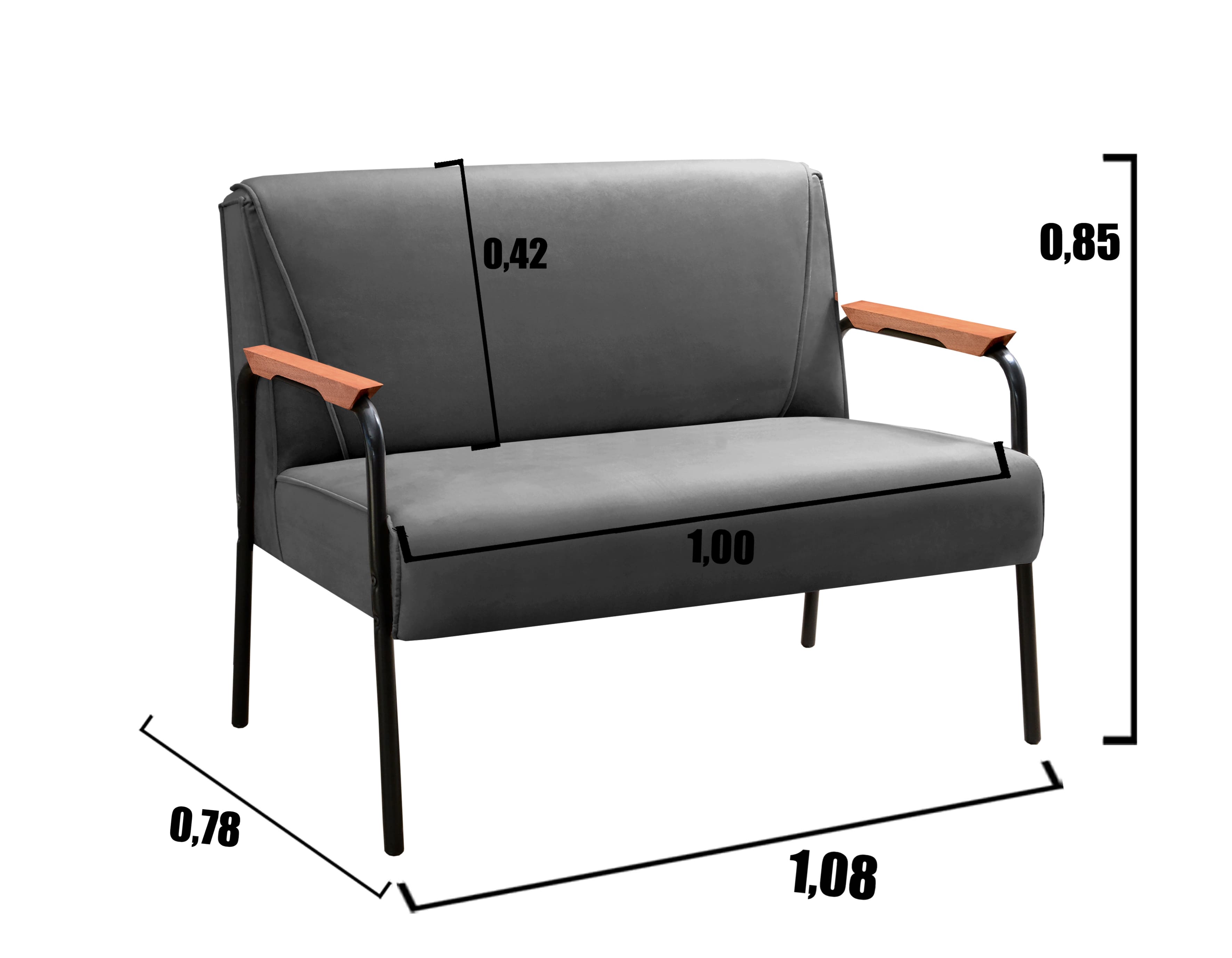 Sofá Namoradeira 2 Lugares Jade Com Apoio De Braço Madeira/metal - Suede Cinza
