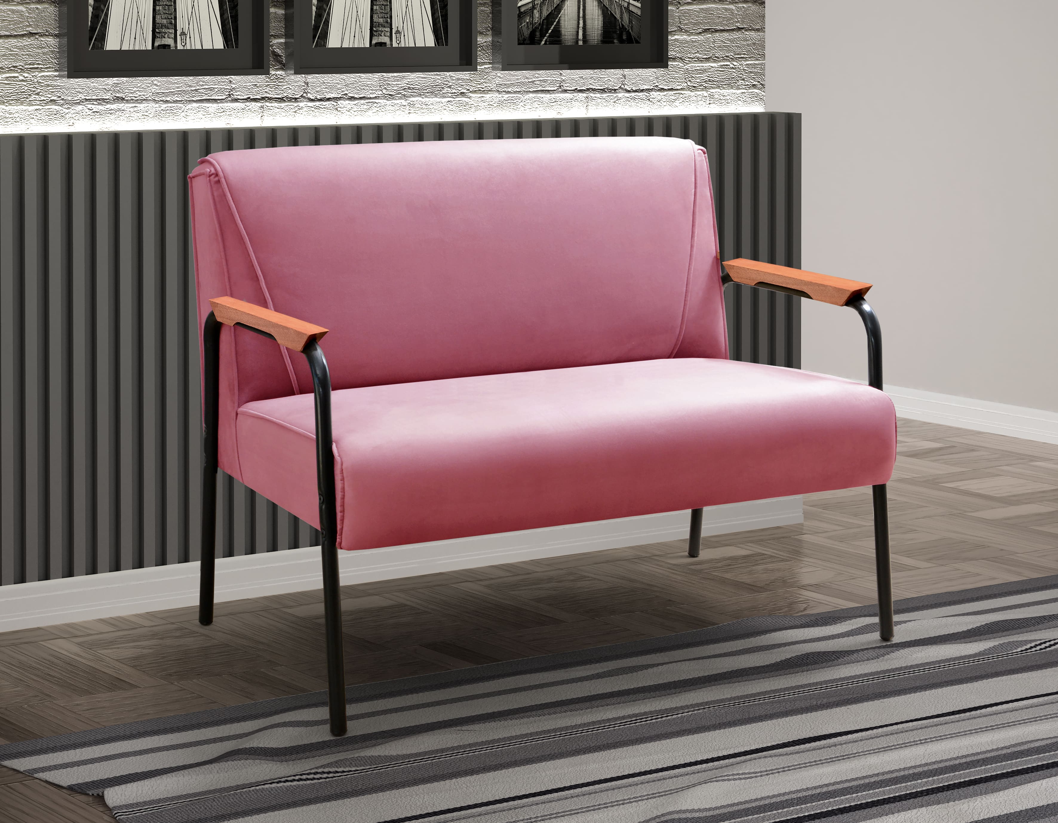 Sofá Namoradeira 2 Lugares Jade Com Apoio De Braço Madeira/metal - Suede Rosa