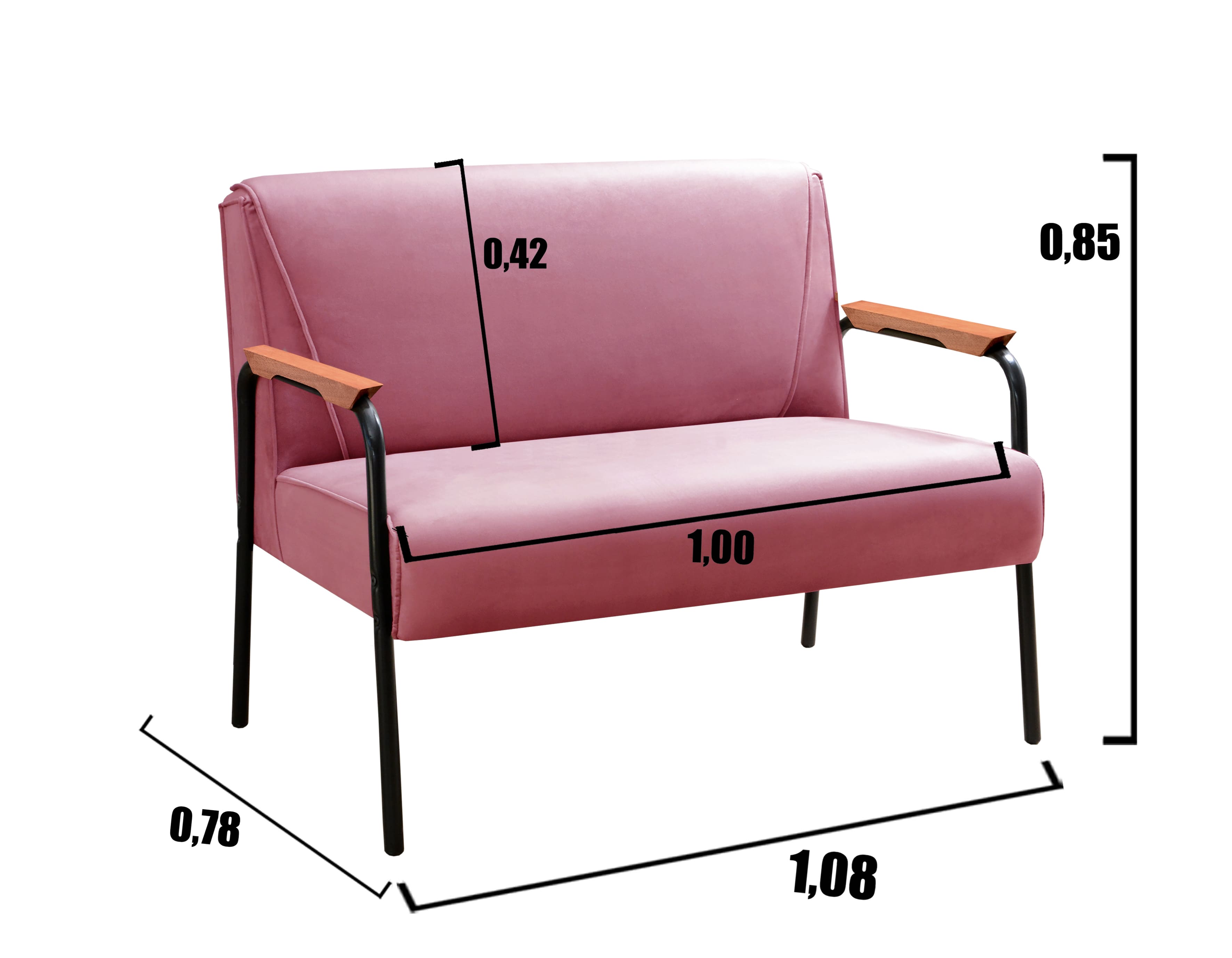 Sofá Namoradeira 2 Lugares Jade Com Apoio De Braço Madeira/metal - Suede Rosa