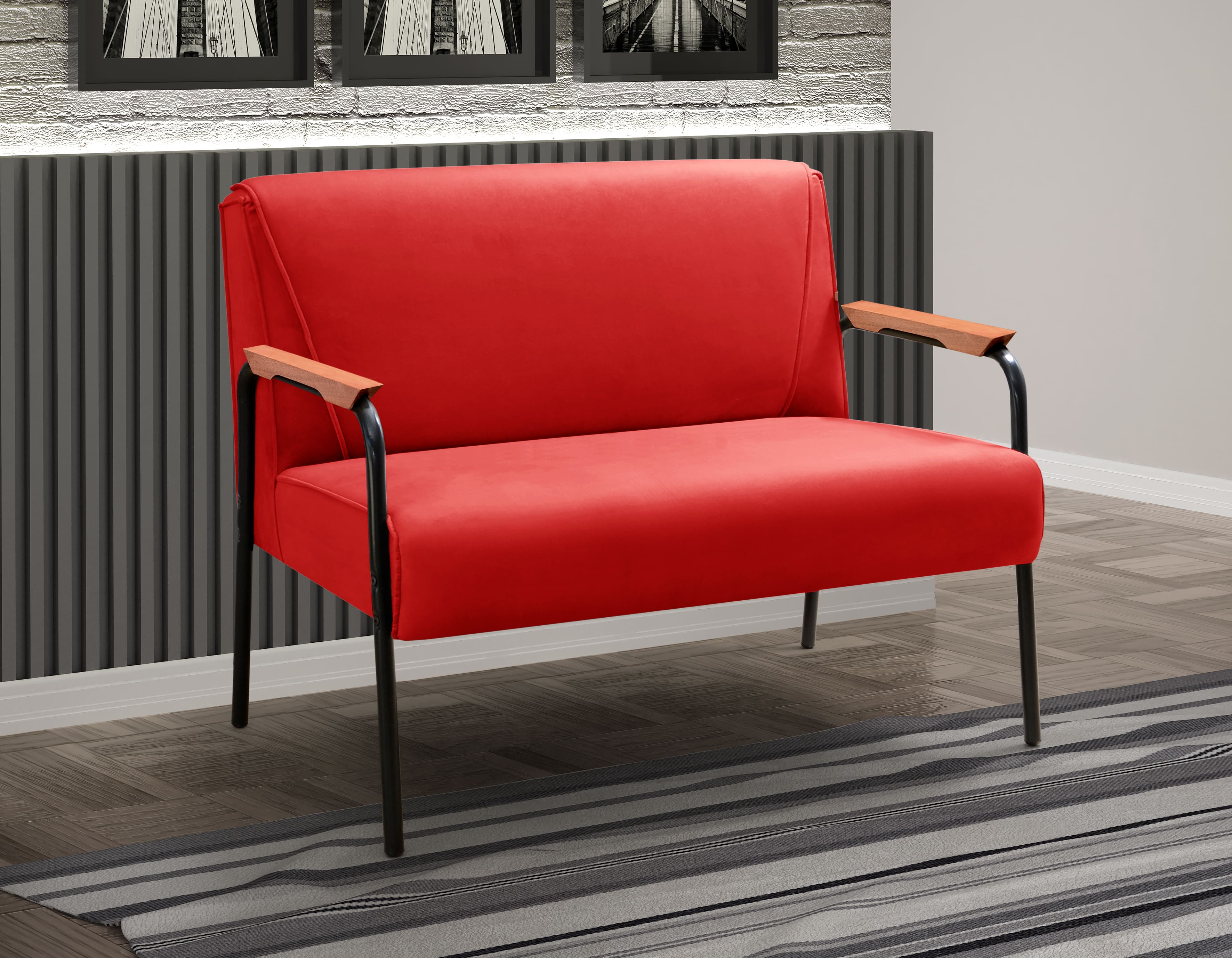 Sofá Namoradeira 2 Lugares Jade Com Apoio De Braço Madeira/metal - Suede Vermelho