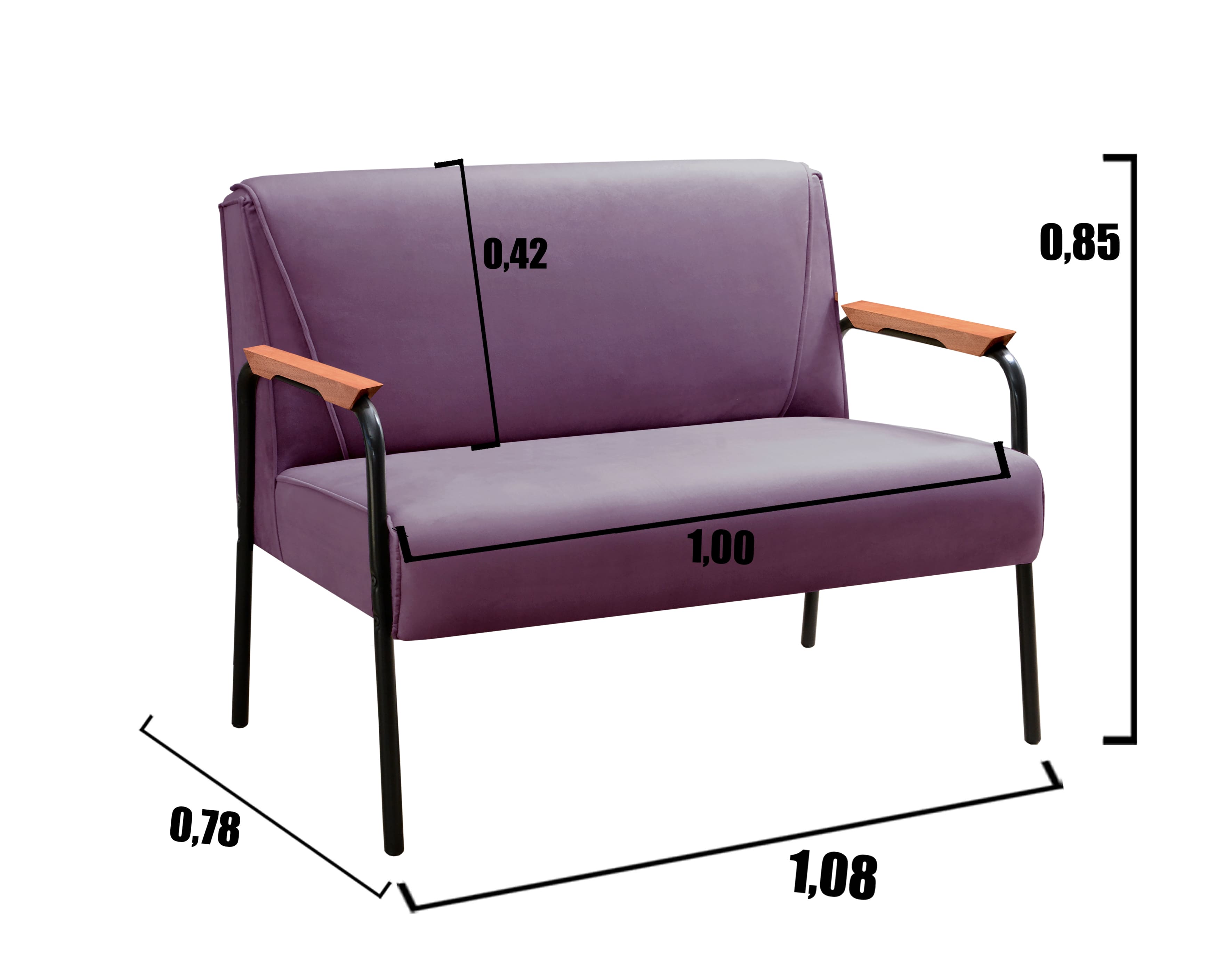Sofá Namoradeira 2 Lugares Jade Com Apoio De Braço Madeira/metal - Veludo Roxo