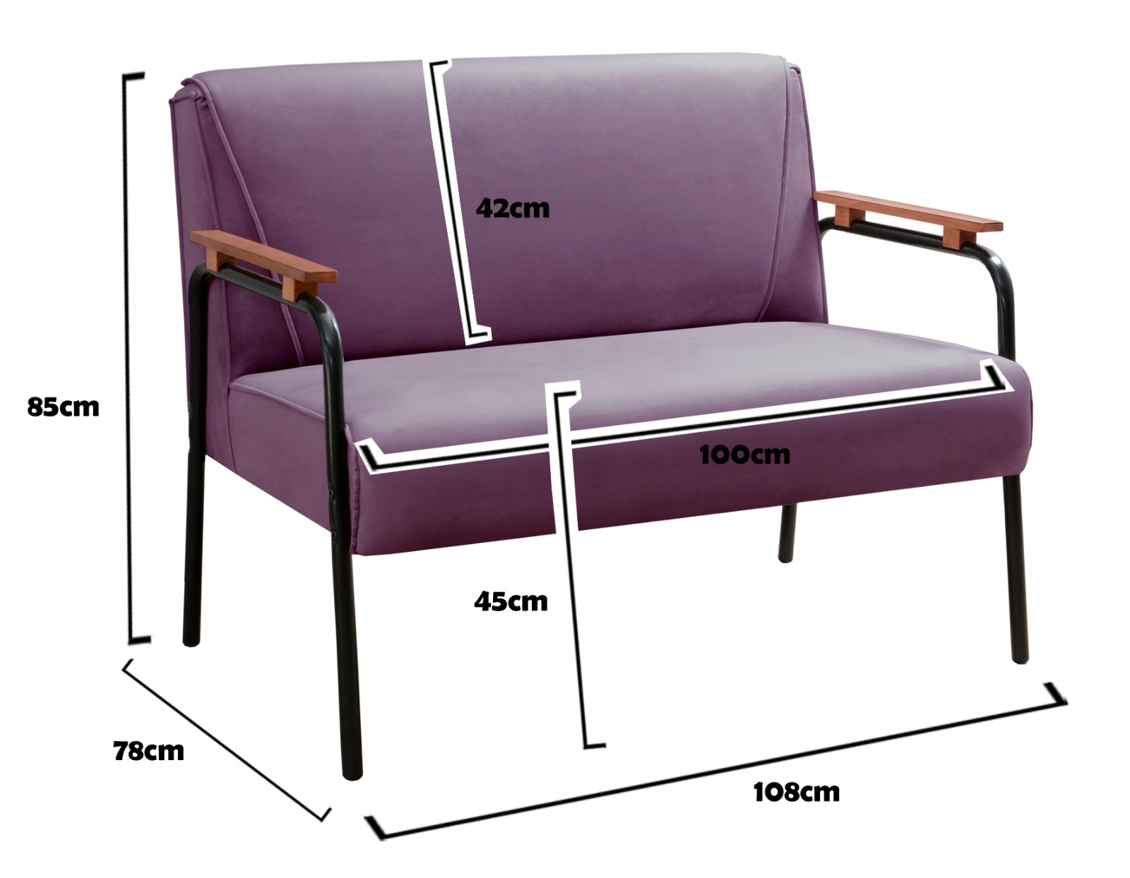 Sofá Namoradeira 2 Lugares Jade Com Apoio De Braço Madeira/metal - Veludo Roxo
