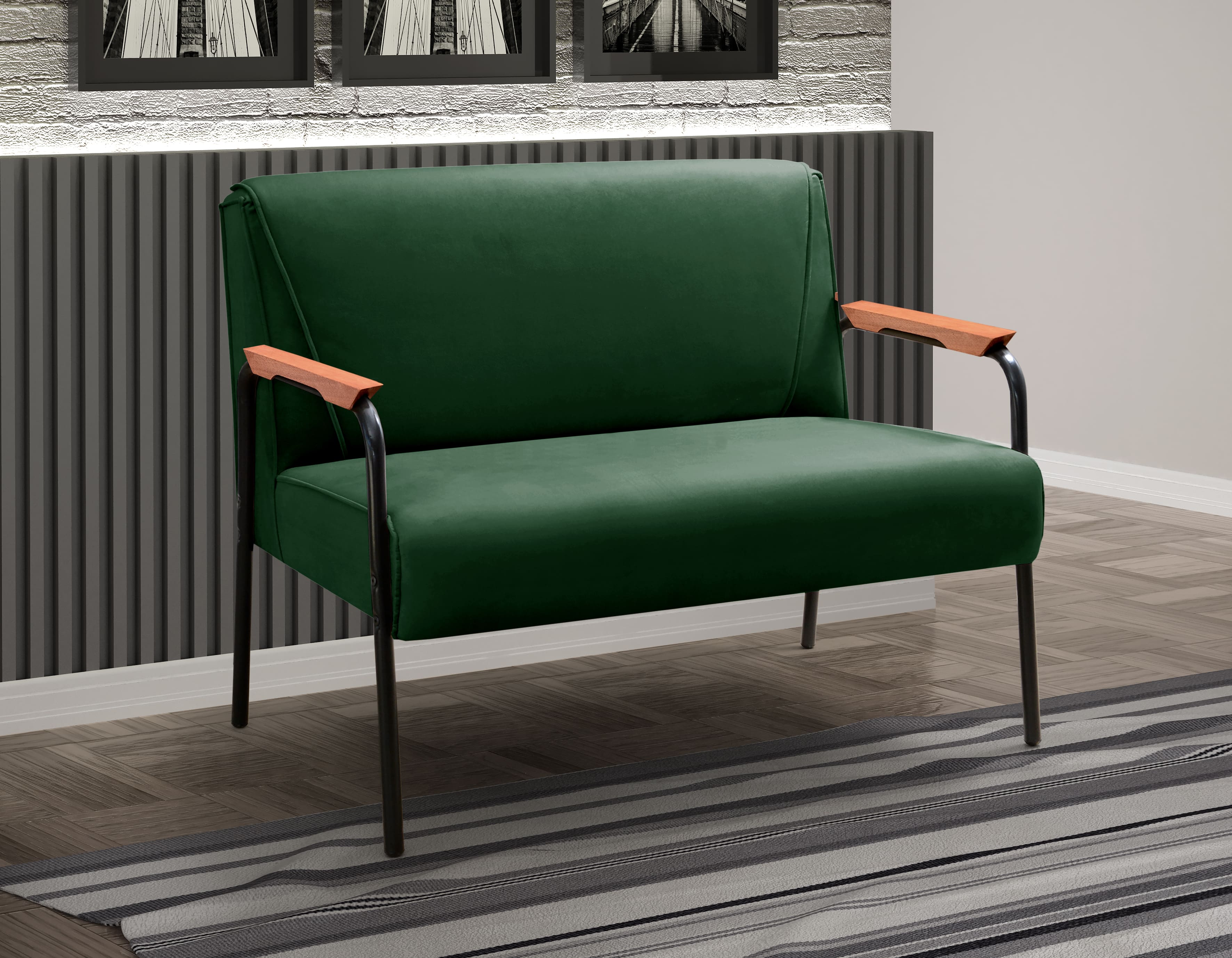 Sofá Namoradeira 2 Lugares Jade Com Apoio De Braço Madeira/metal - Veludo Verde