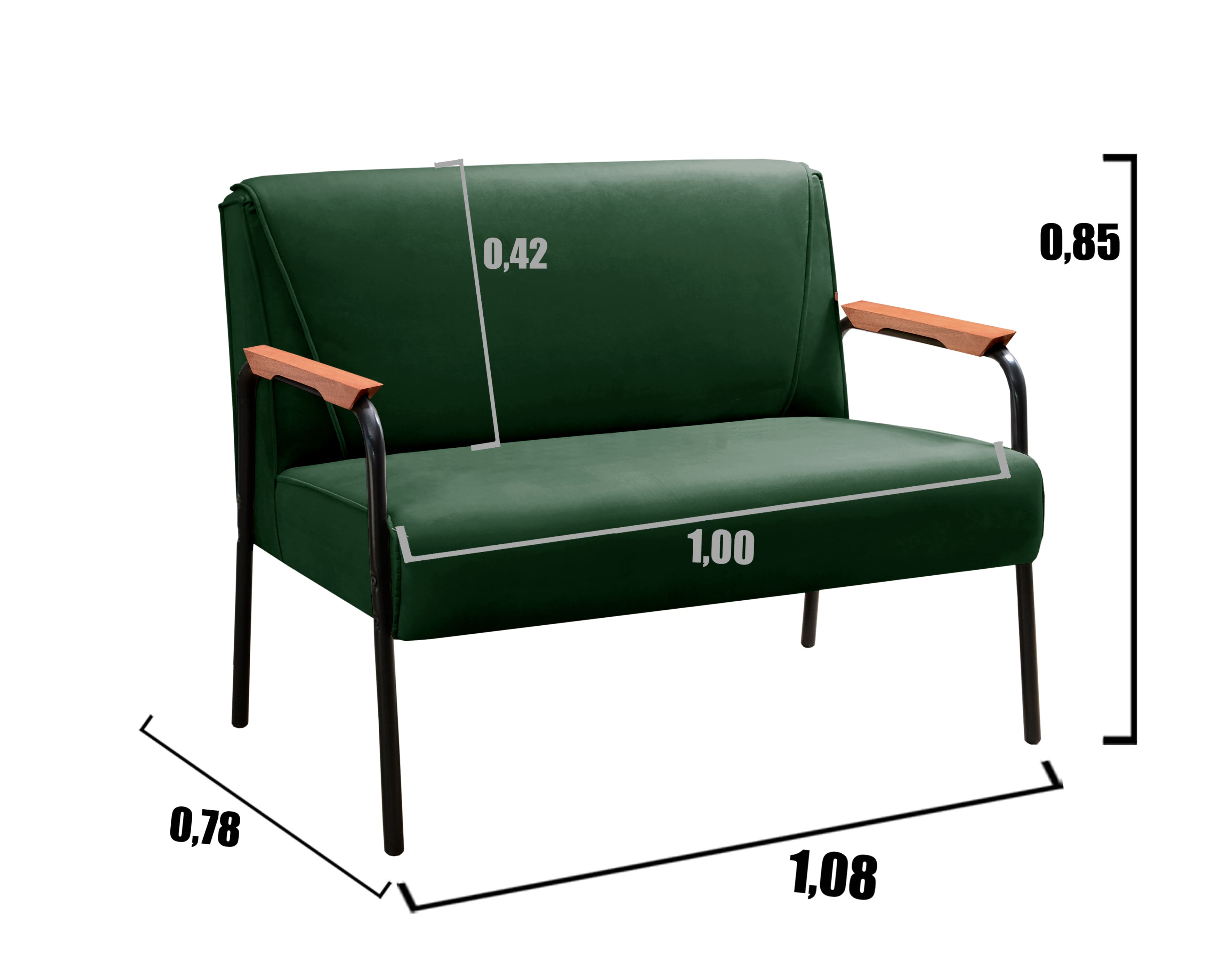 Sofá Namoradeira 2 Lugares Jade Com Apoio De Braço Madeira/metal - Veludo Verde