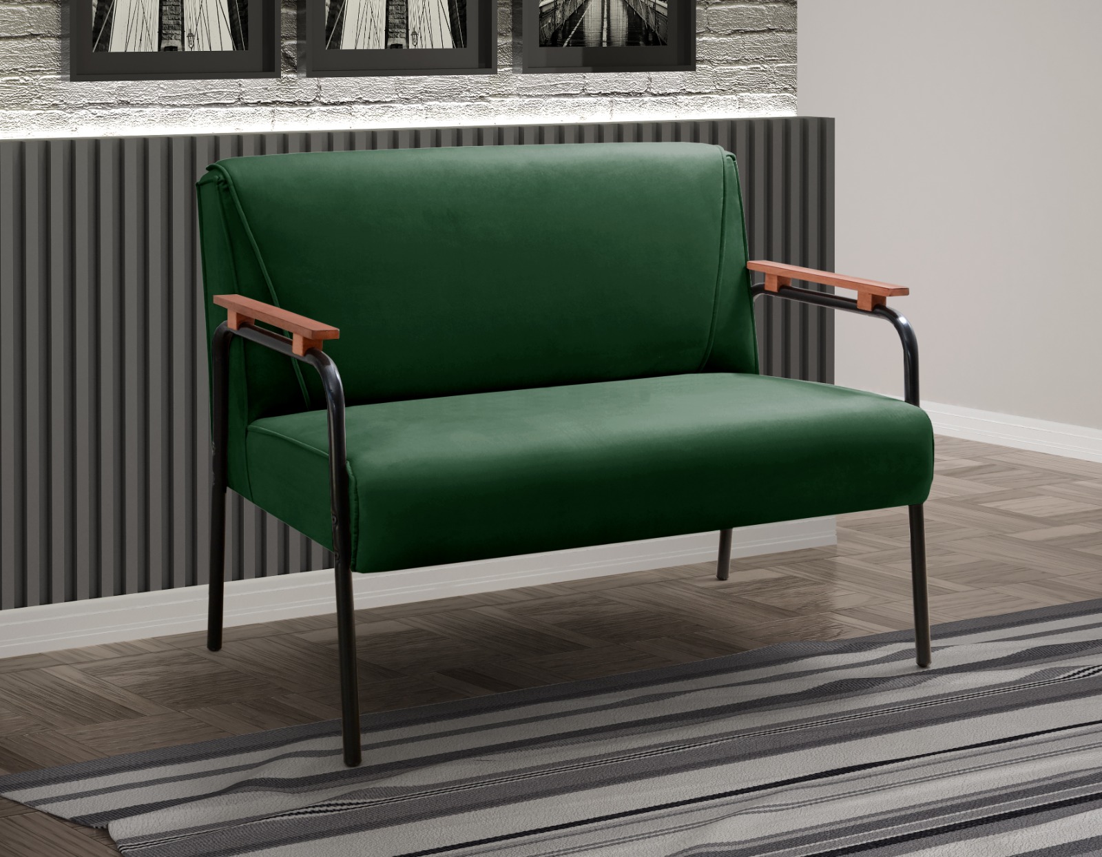Sofá Namoradeira 2 Lugares Jade Com Apoio De Braço Madeira/metal - Veludo Verde