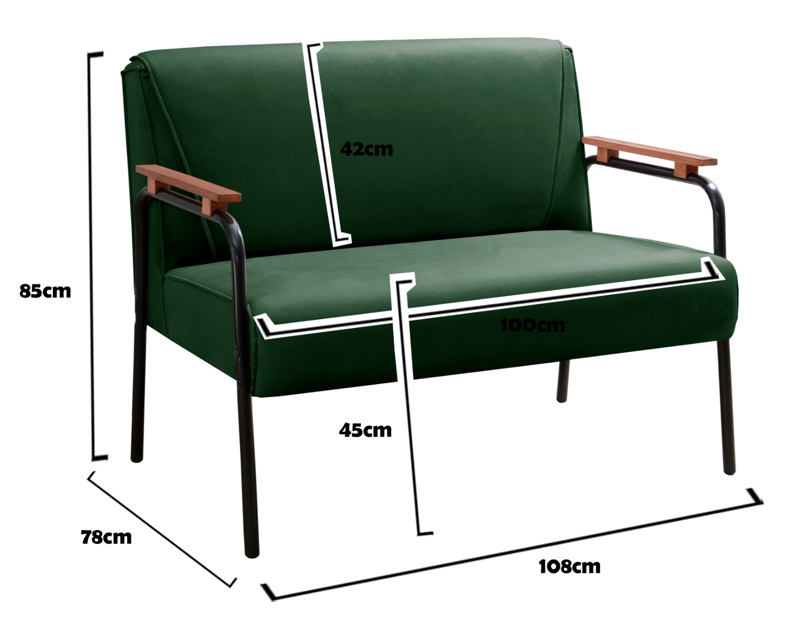 Sofá Namoradeira 2 Lugares Jade Com Apoio De Braço Madeira/metal - Veludo Verde