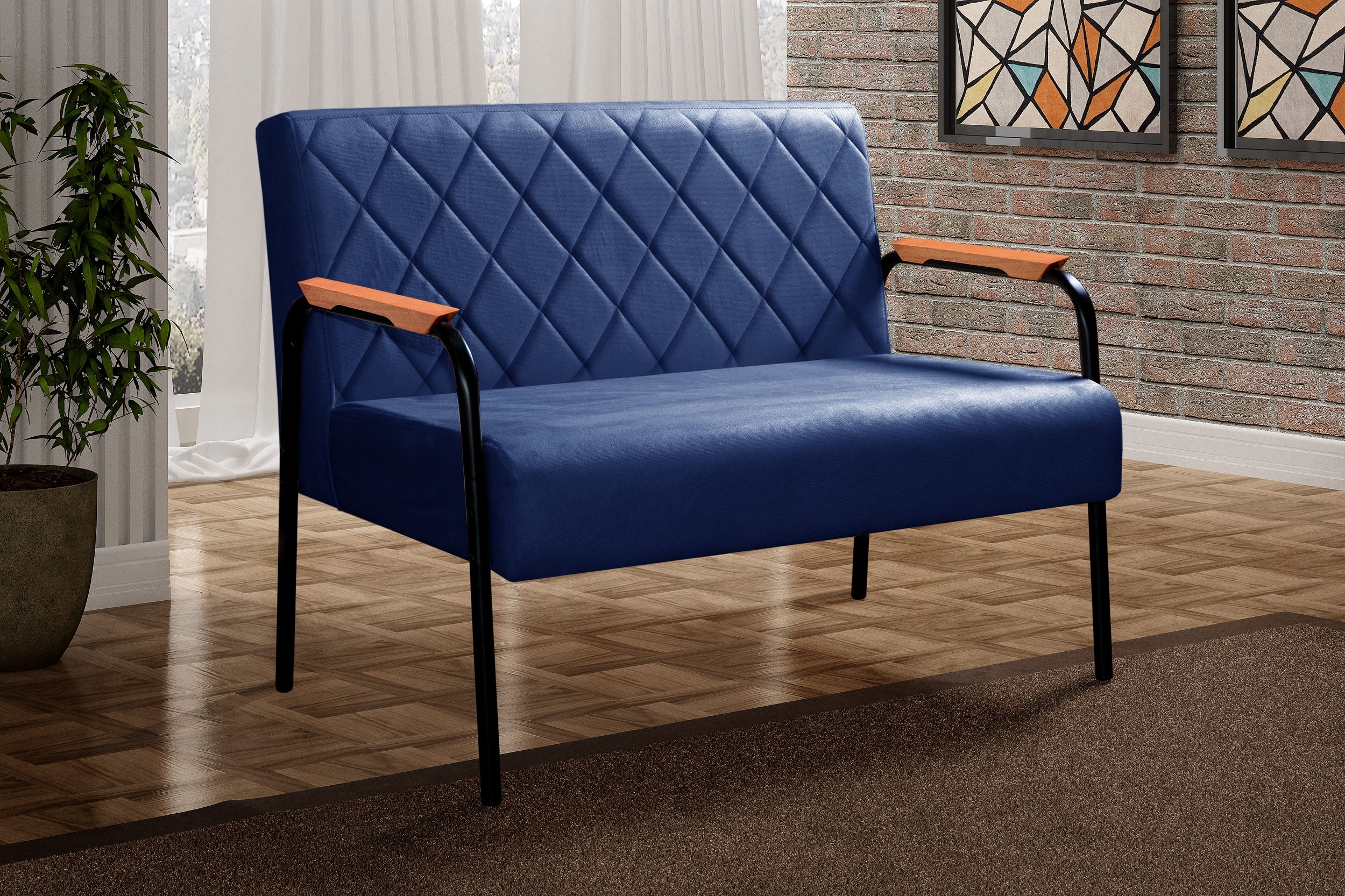 Sofá Namoradeira 2 Lugares Ludmilla Com Apoio De Braço Madeira/metal - Suede Azul Marinho