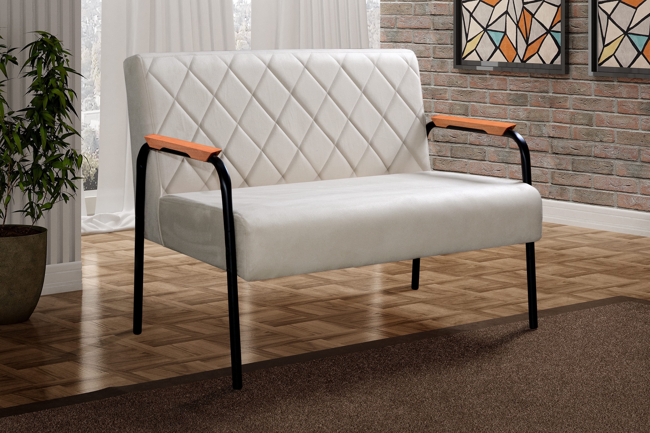 Sofá Namoradeira 2 Lugares Ludmilla Com Apoio De Braço Madeira/metal - Suede Bege Claro