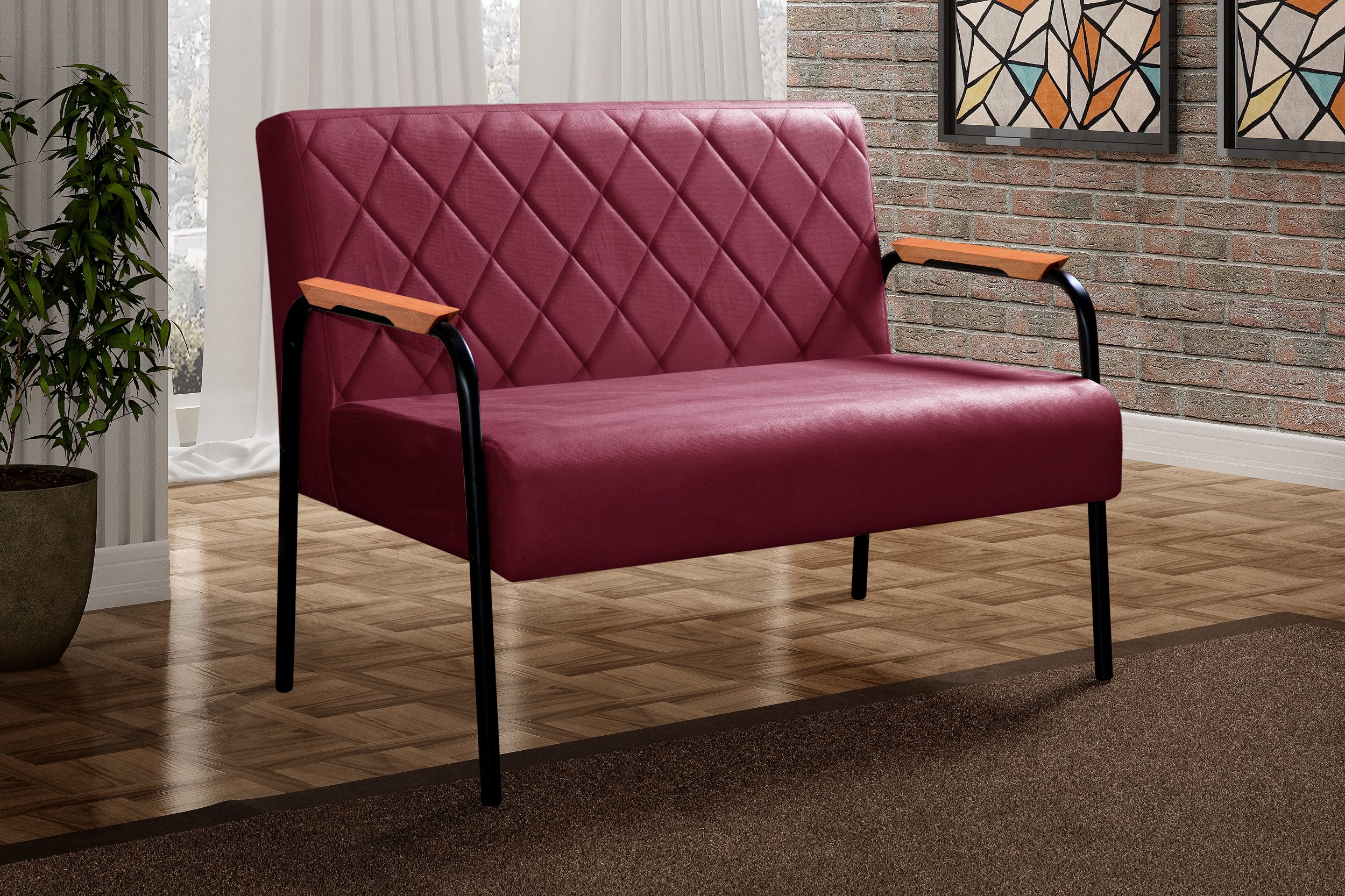 Sofá Namoradeira 2 Lugares Ludmilla Com Apoio De Braço Madeira/metal - Suede Bordô