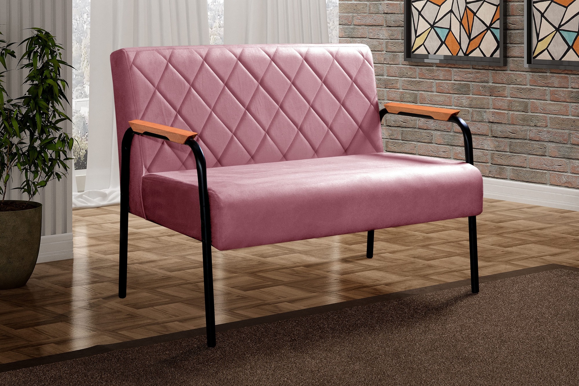 Sofá Namoradeira 2 Lugares Ludmilla Com Apoio De Braço Madeira/metal - Suede Rosa
