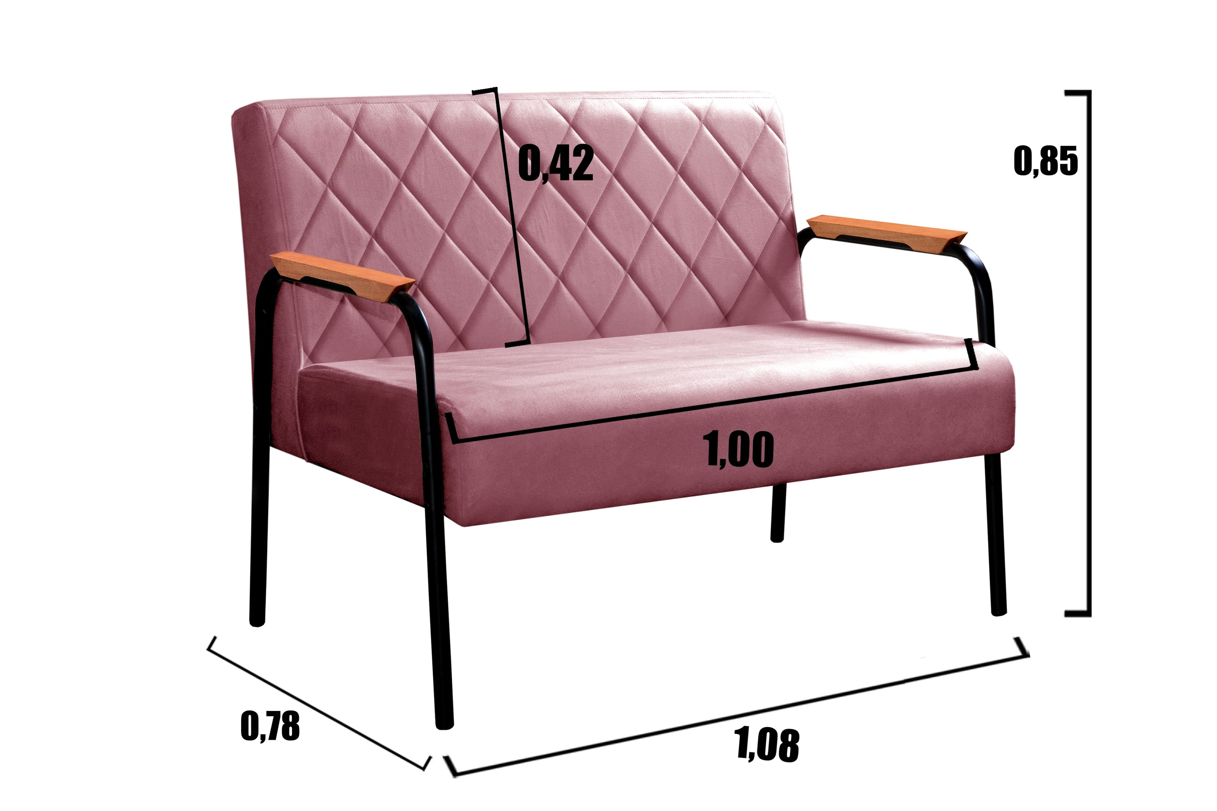 Sofá Namoradeira 2 Lugares Ludmilla Com Apoio De Braço Madeira/metal - Suede Rosa