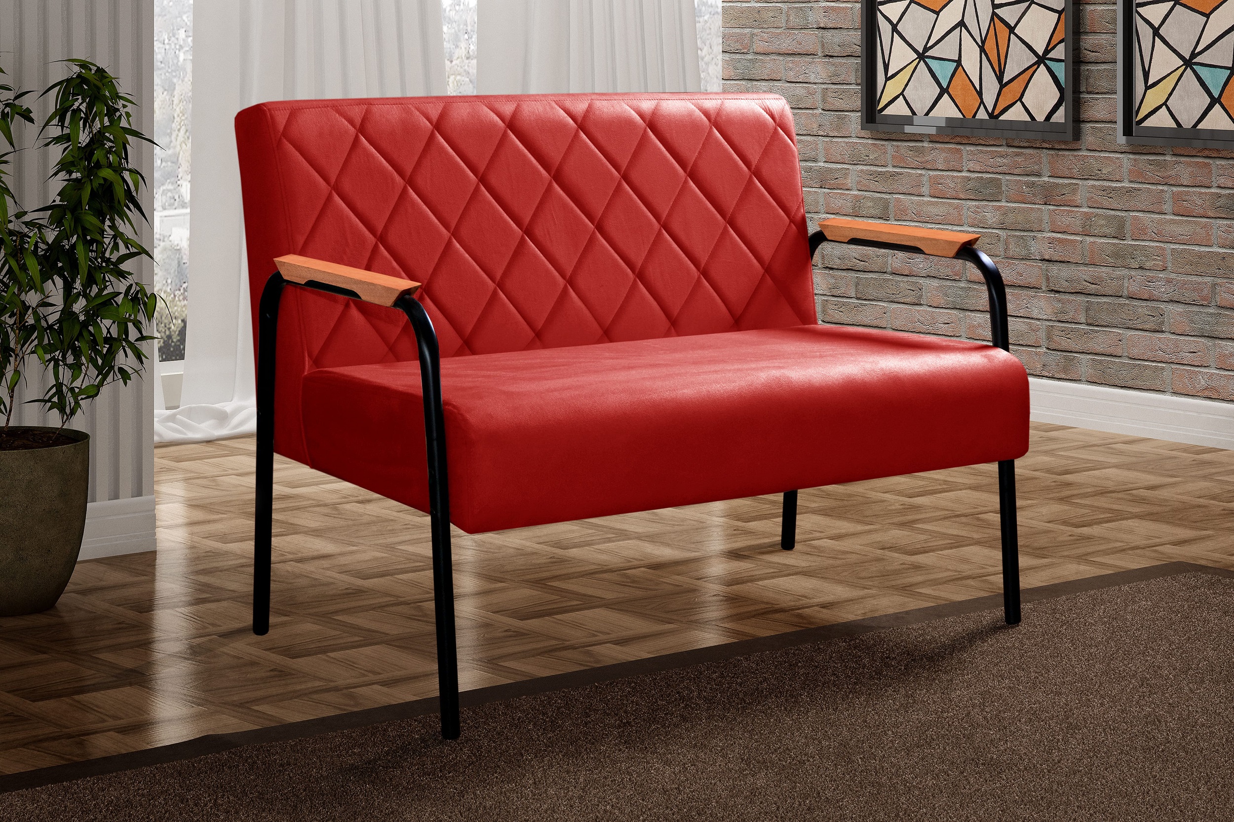 Sofá Namoradeira 2 Lugares Ludmilla Com Apoio De Braço Madeira/metal - Suede Vermelho