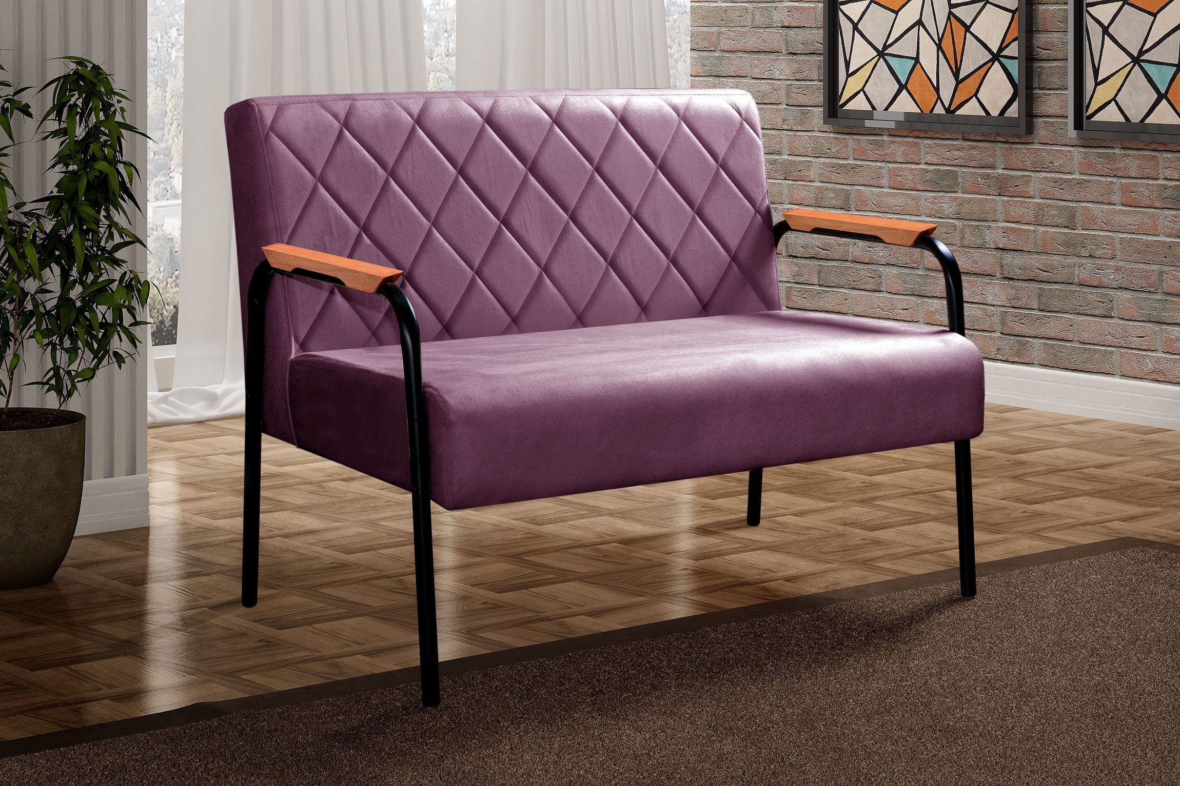 Sofá Namoradeira 2 Lugares Ludmilla Com Apoio De Braço Madeira/metal - Veludo Roxo