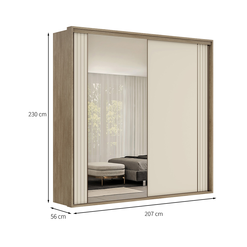 Guarda-Roupa Casal com Espelho Imperium 2 Portas 6 Gavetas Carvalho e Off White 207 cm