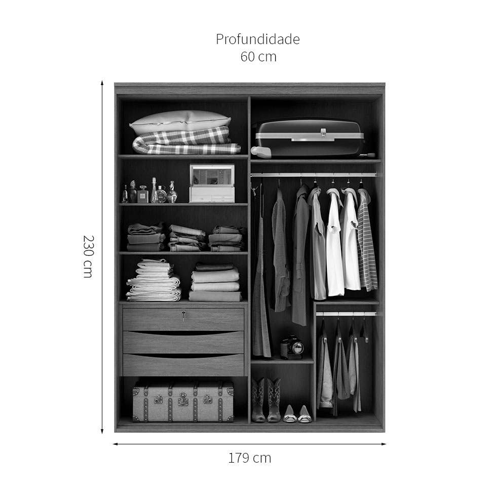 Guarda-Roupa Casal com Espelho Luminum 2 Portas 3 Gavetas Branco