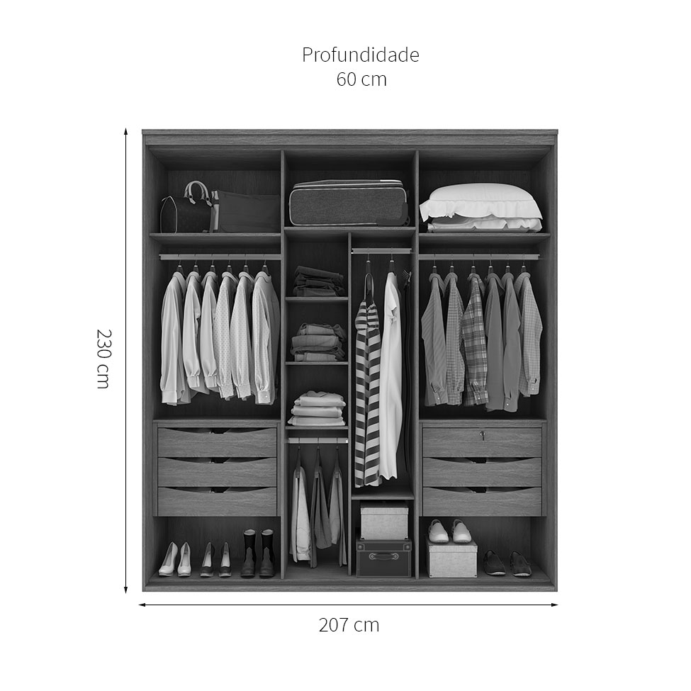 Guarda-Roupa Casal com Espelho Luminum 2 Portas 6 Gavetas Branco