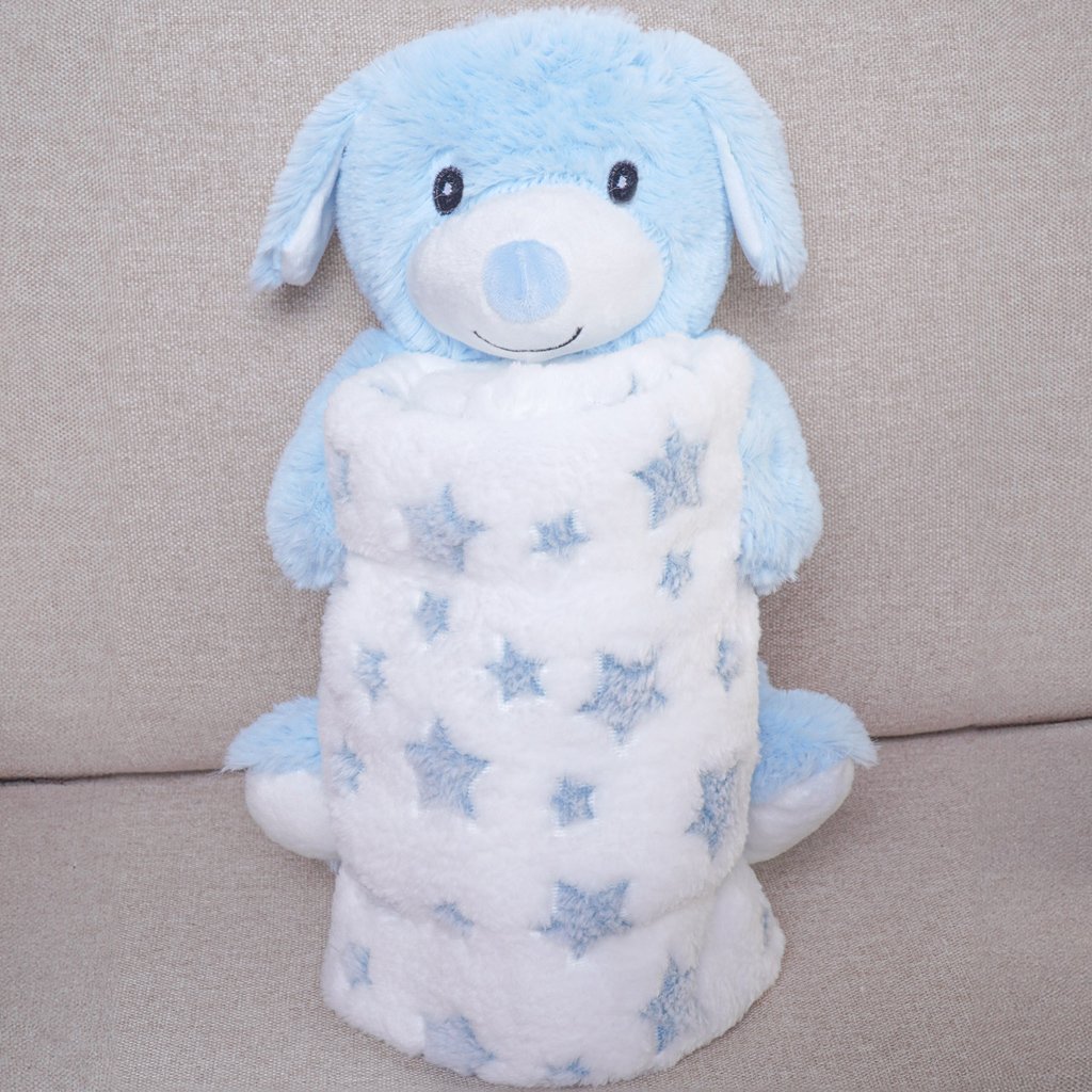 Bichinho com Pelúcia 18cm com Manta 75x75cm Cachorrinho Azul