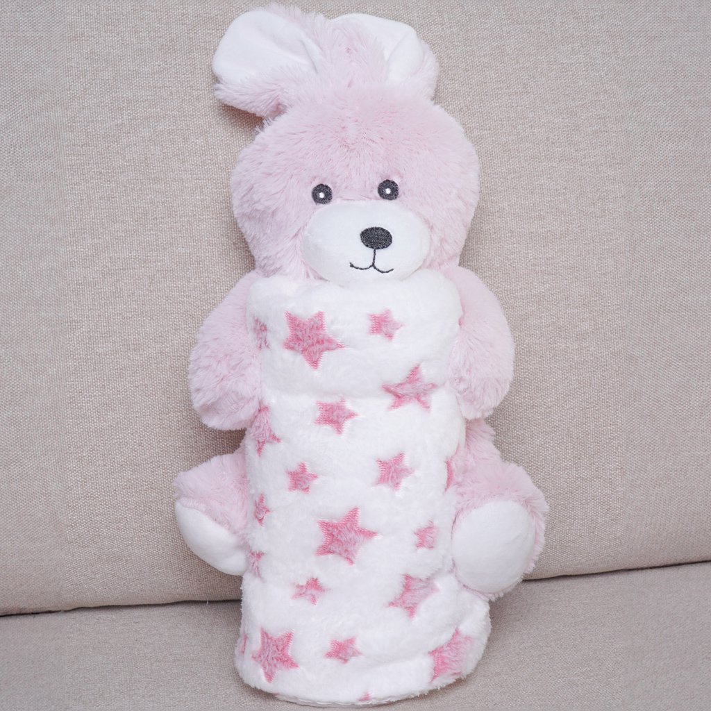 Bichinho com Pelúcia 18cm com Manta 75x75cm Coelho Rosa