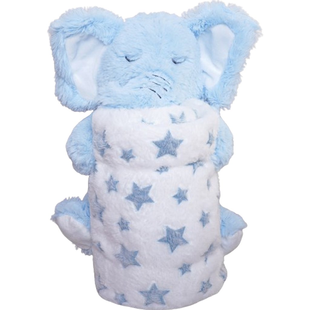 Bichinho com Pelúcia 18cm com Manta 75x75cm Elefante Azul