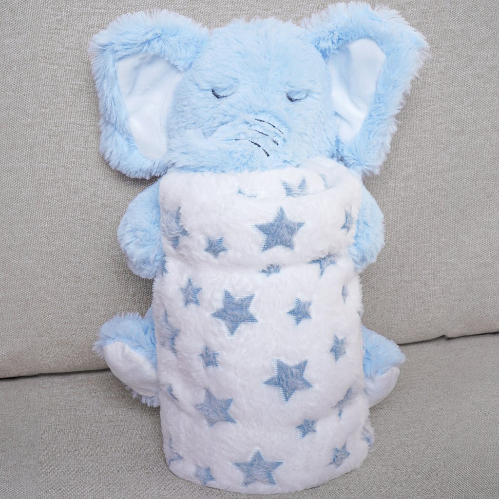 Bichinho com Pelúcia 18cm com Manta 75x75cm Elefante Azul