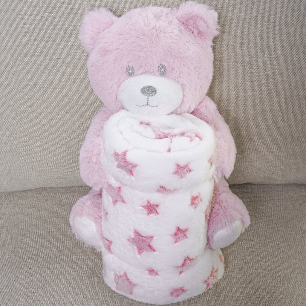 Bichinho com Pelúcia 18cm com Manta 75x75cm Ursinho Rosa