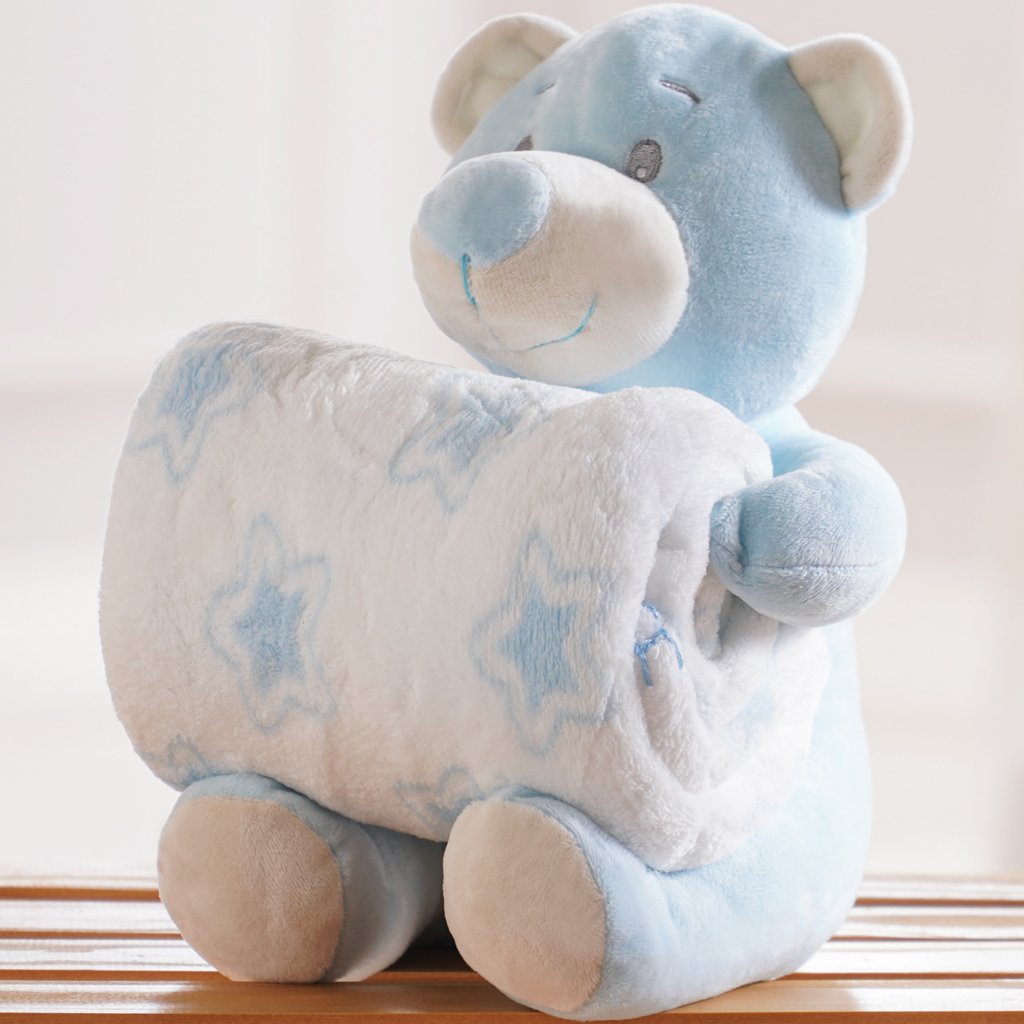 Bichinho de Pelúcia Carinhoso New com Manta Bebê 100x75cm Ursinho Azul