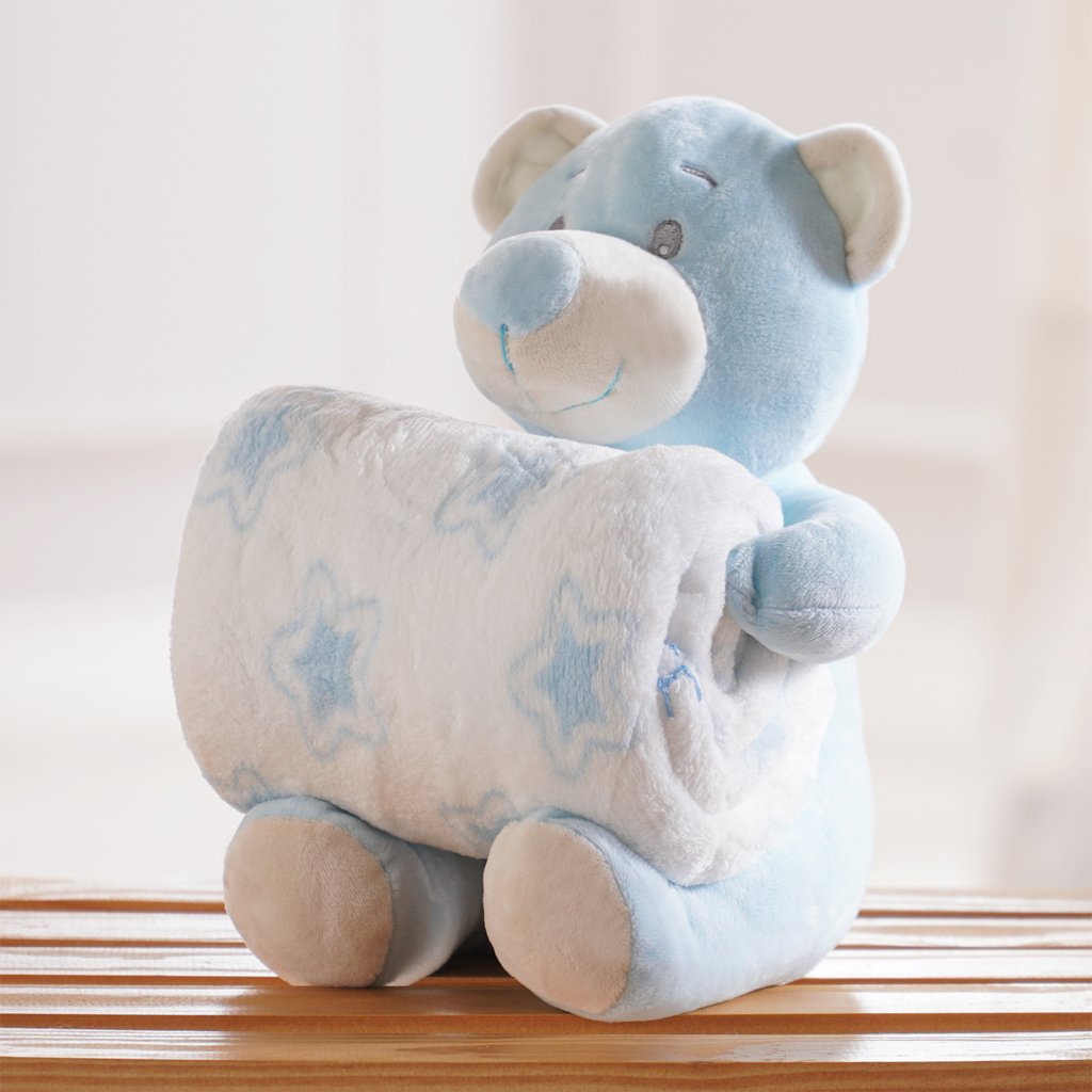Bichinho de Pelúcia Carinhoso New com Manta Bebê 100x75cm Ursinho Azul
